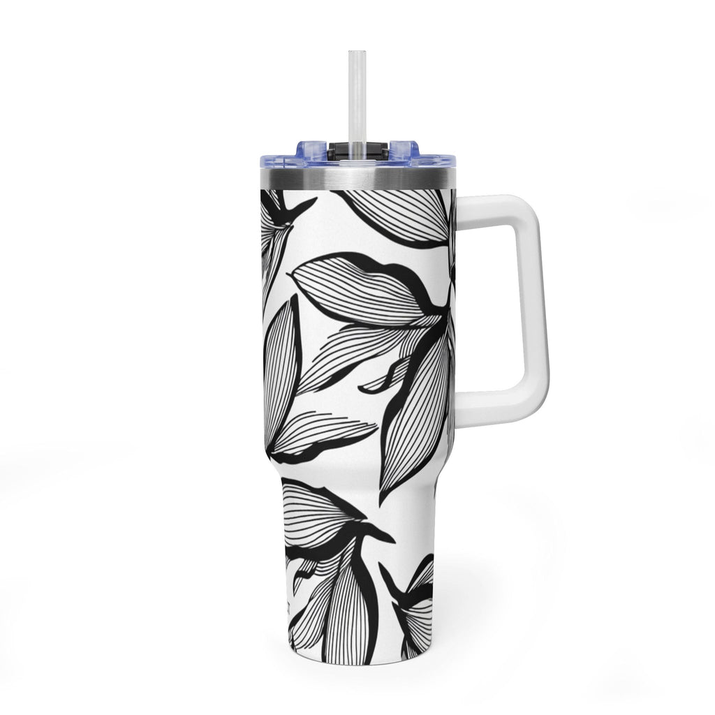 40oz Floral Thermal Tumbler – Black & White Leaf Pattern Vacuum Insulated