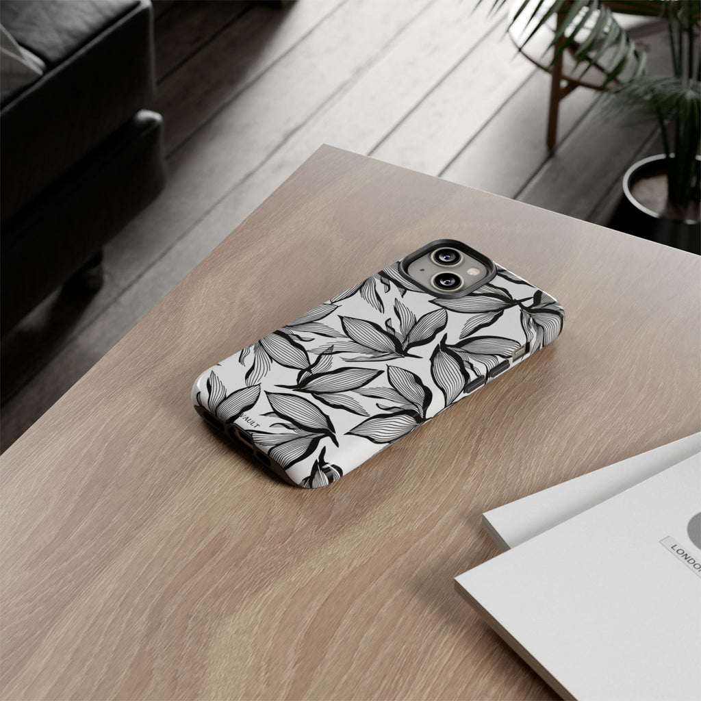 Floral Leaves Tough Phone Case – Black & White Botanical Protection