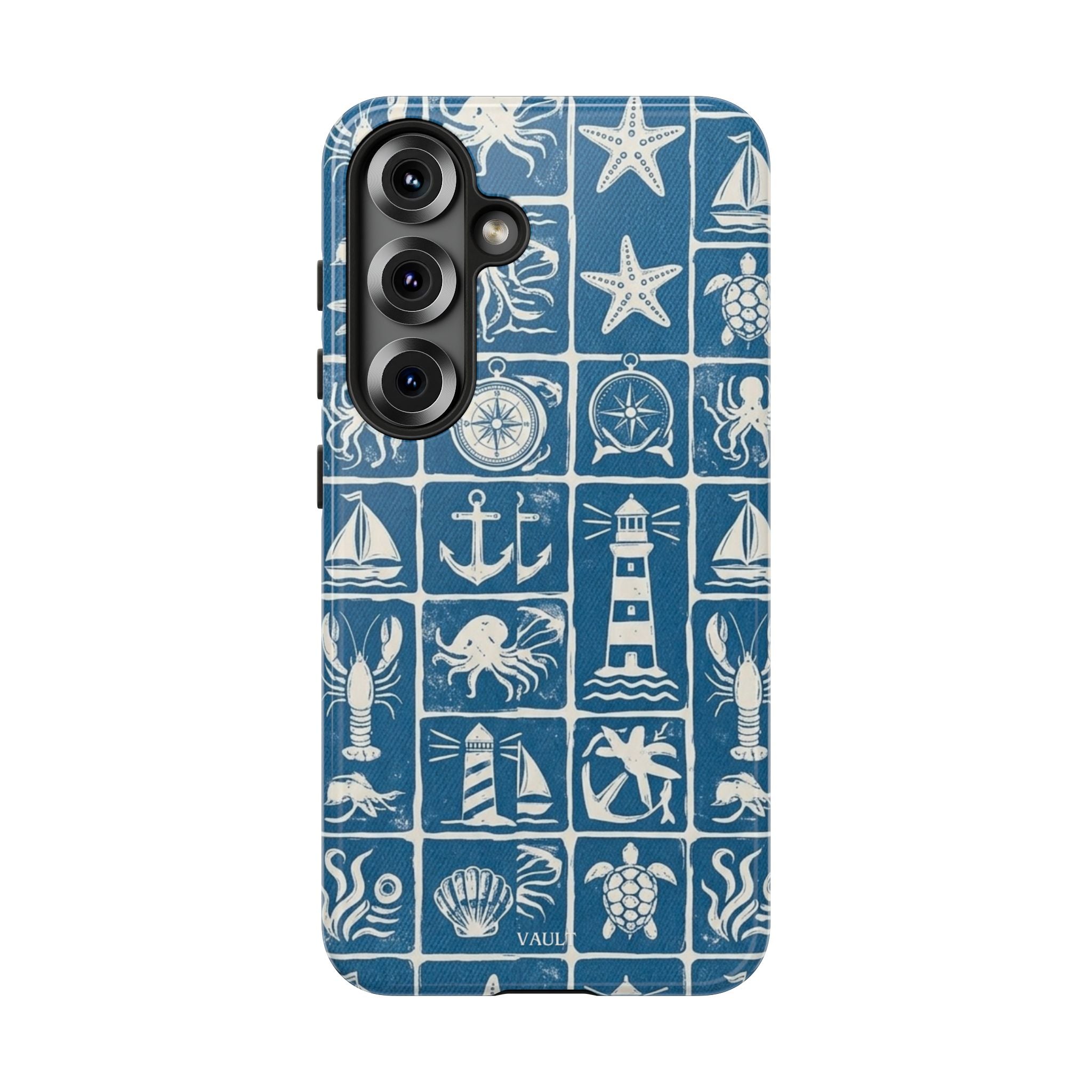 Nautical Tile Phone Case — Blue Coastal Icons (lighthouse, anchor, seashells)
