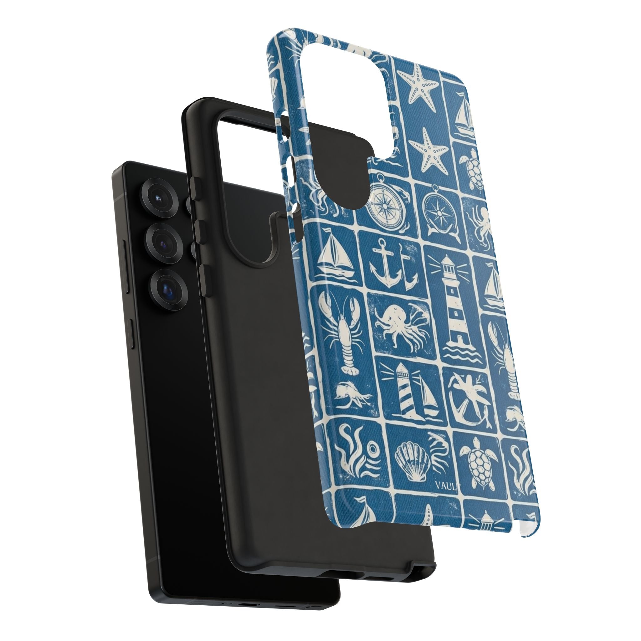 Nautical Tile Phone Case — Blue Coastal Icons (lighthouse, anchor, seashells)