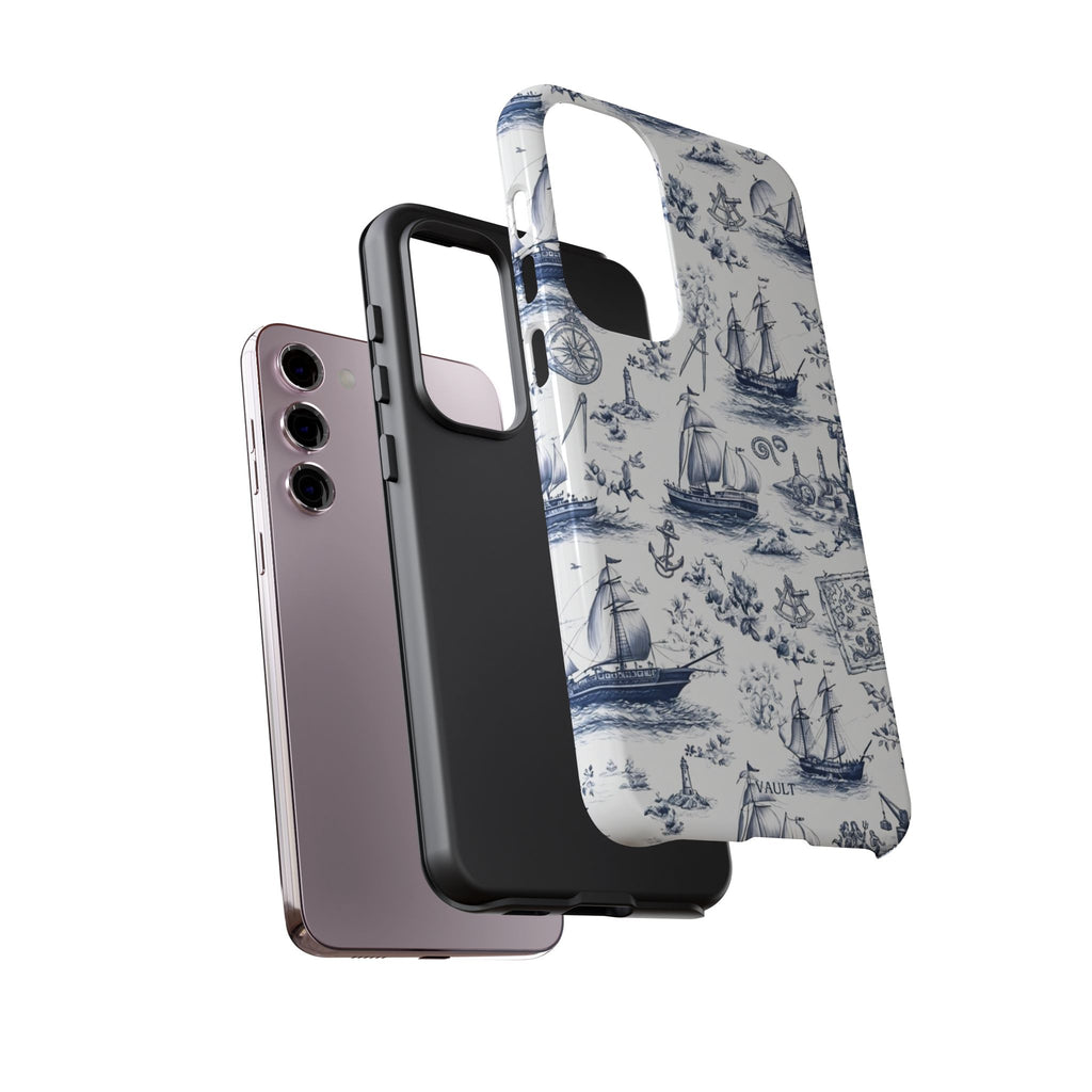 Nautical Vintage Ship Tough Phone Case — Blue Toile Sailboat Pattern