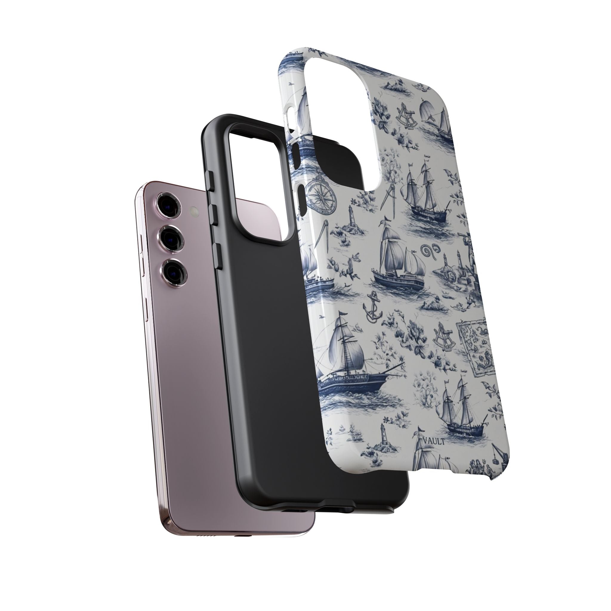 Nautical Vintage Ship Tough Phone Case — Blue Toile Sailboat Pattern