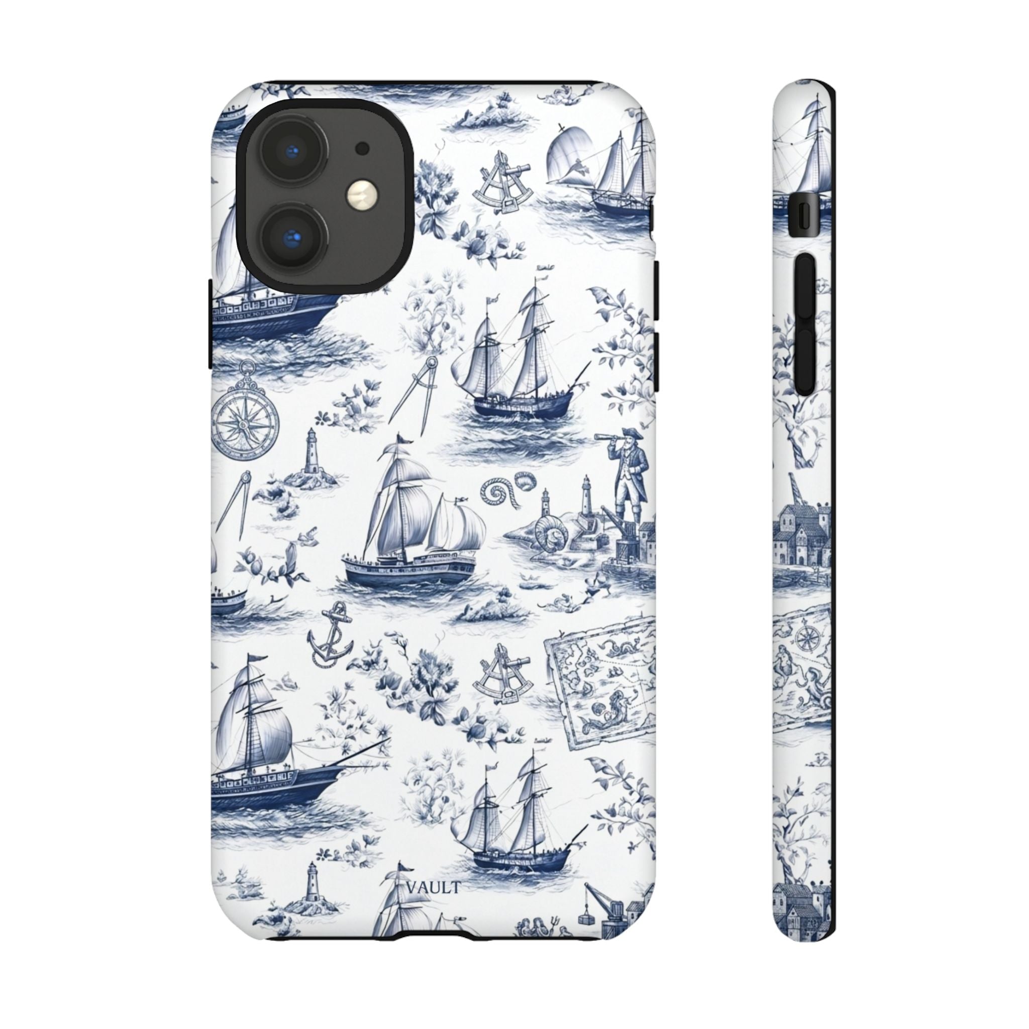 Nautical Vintage Ship Tough Phone Case — Blue Toile Sailboat Pattern