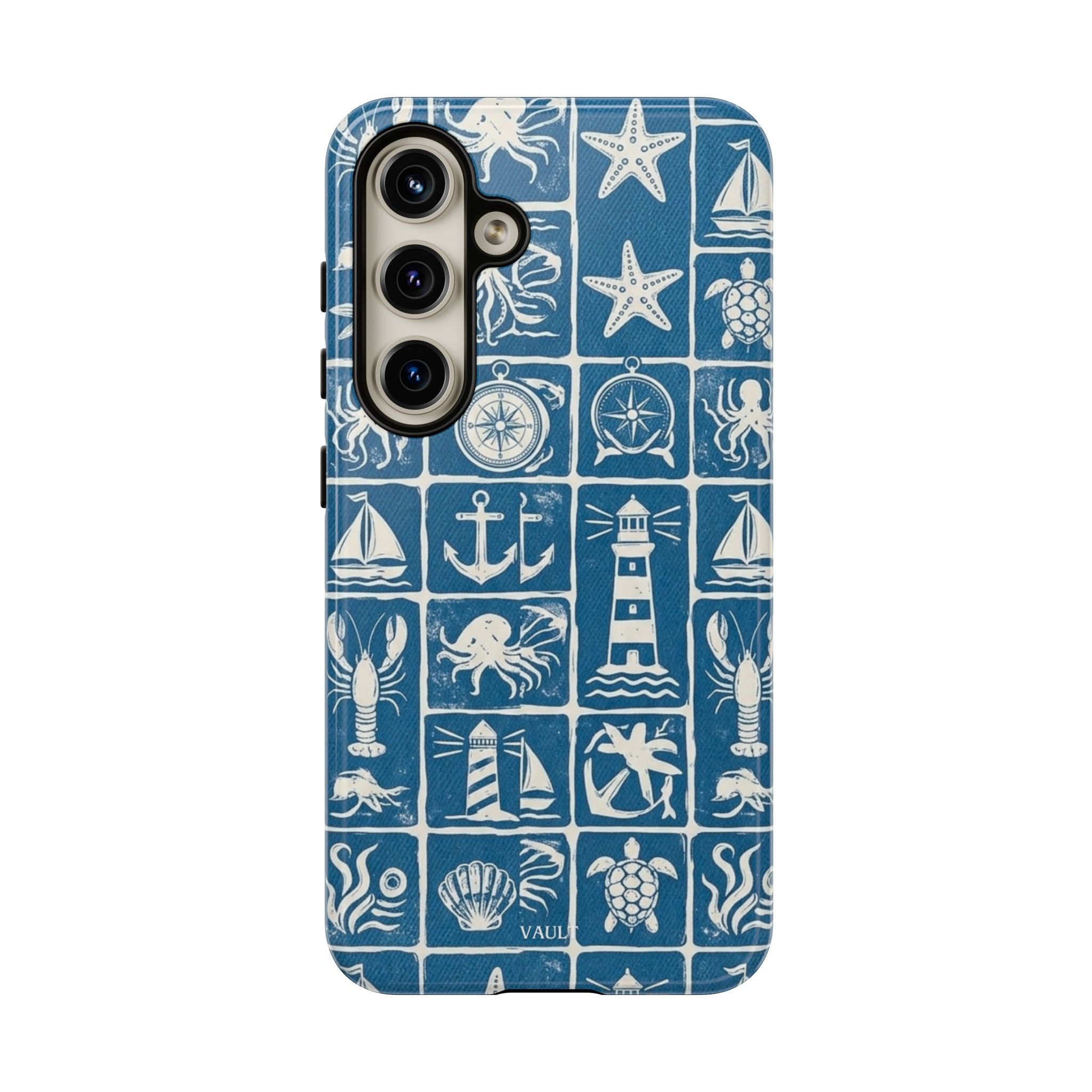 Nautical Tile Phone Case — Blue Coastal Icons (lighthouse, anchor, seashells)