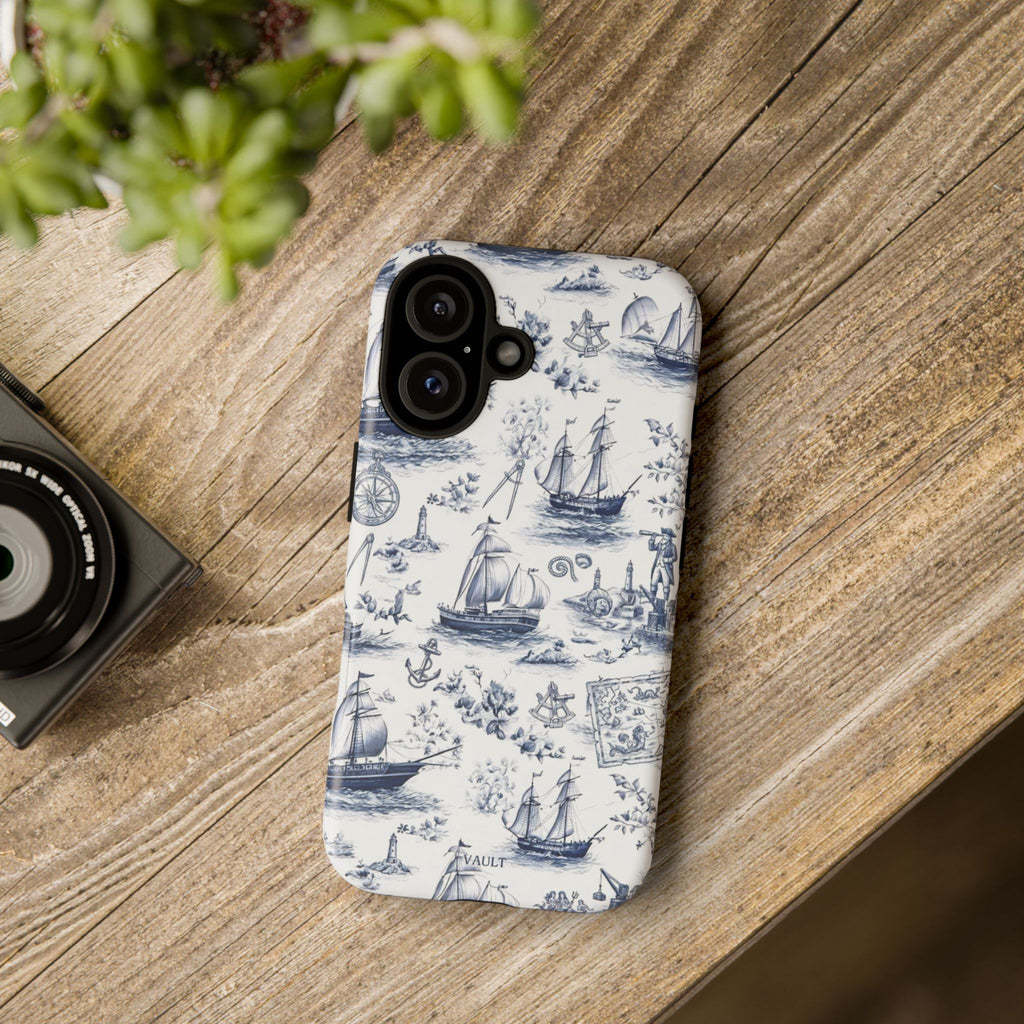 Nautical Vintage Ship Tough Phone Case — Blue Toile Sailboat Pattern
