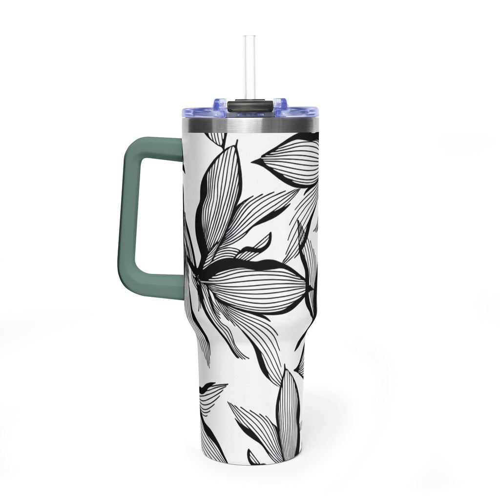 40oz Floral Thermal Tumbler – Black & White Leaf Pattern Vacuum Insulated
