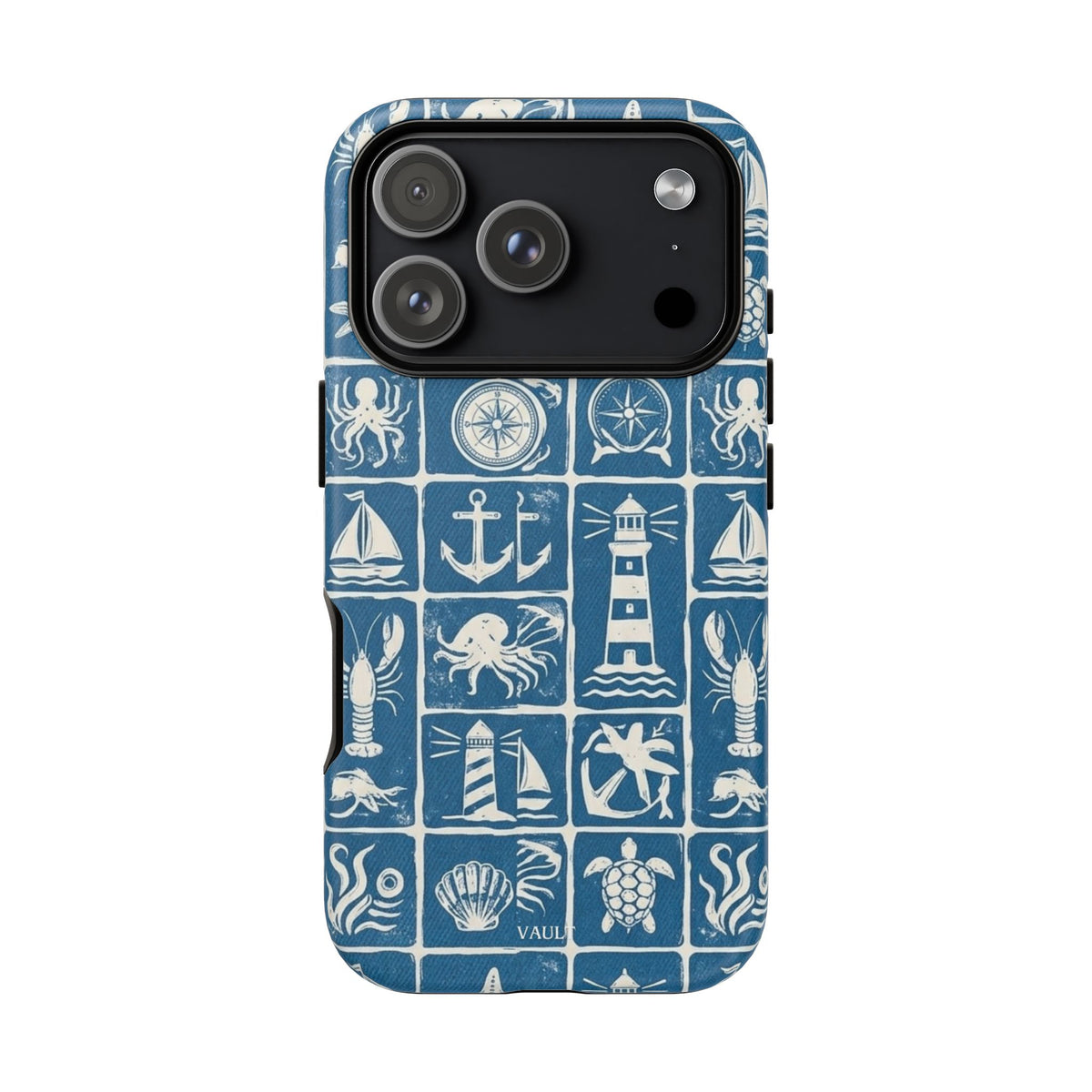 Nautical Tile Phone Case — Blue Coastal Icons (lighthouse, anchor, seashells)