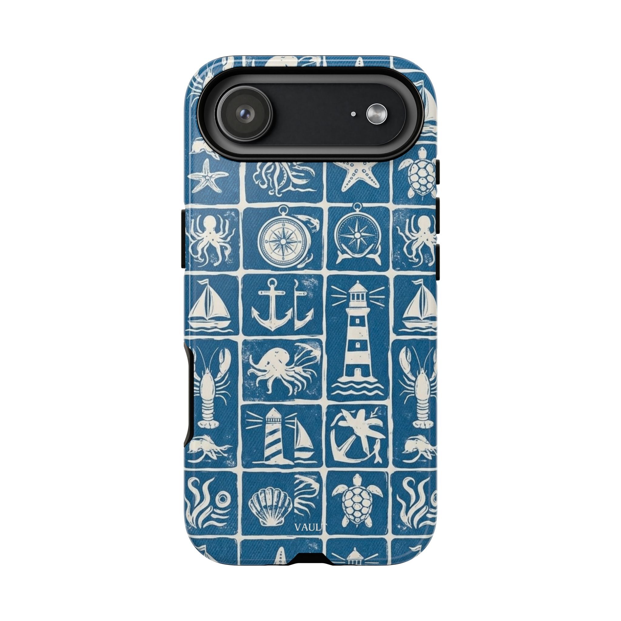 Nautical Tile Phone Case — Blue Coastal Icons (lighthouse, anchor, seashells)