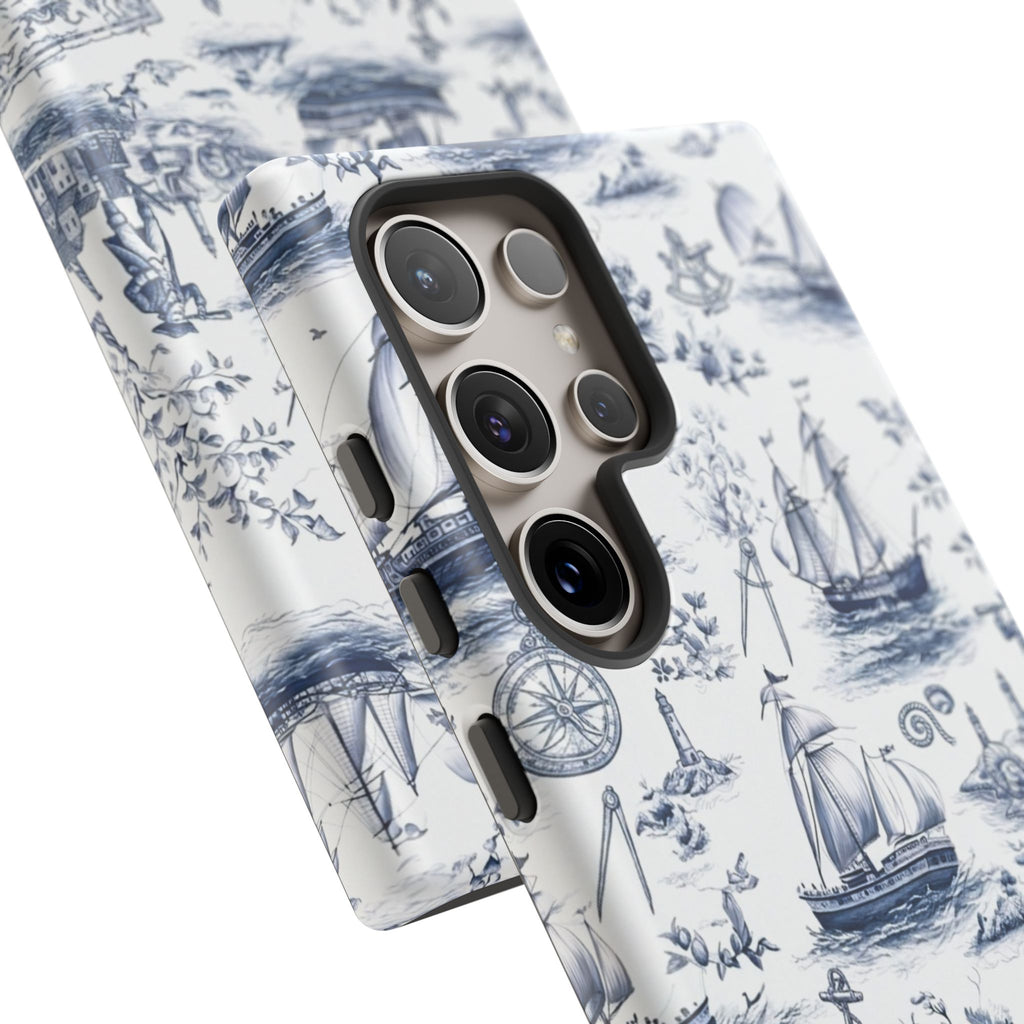 Nautical Vintage Ship Tough Phone Case — Blue Toile Sailboat Pattern