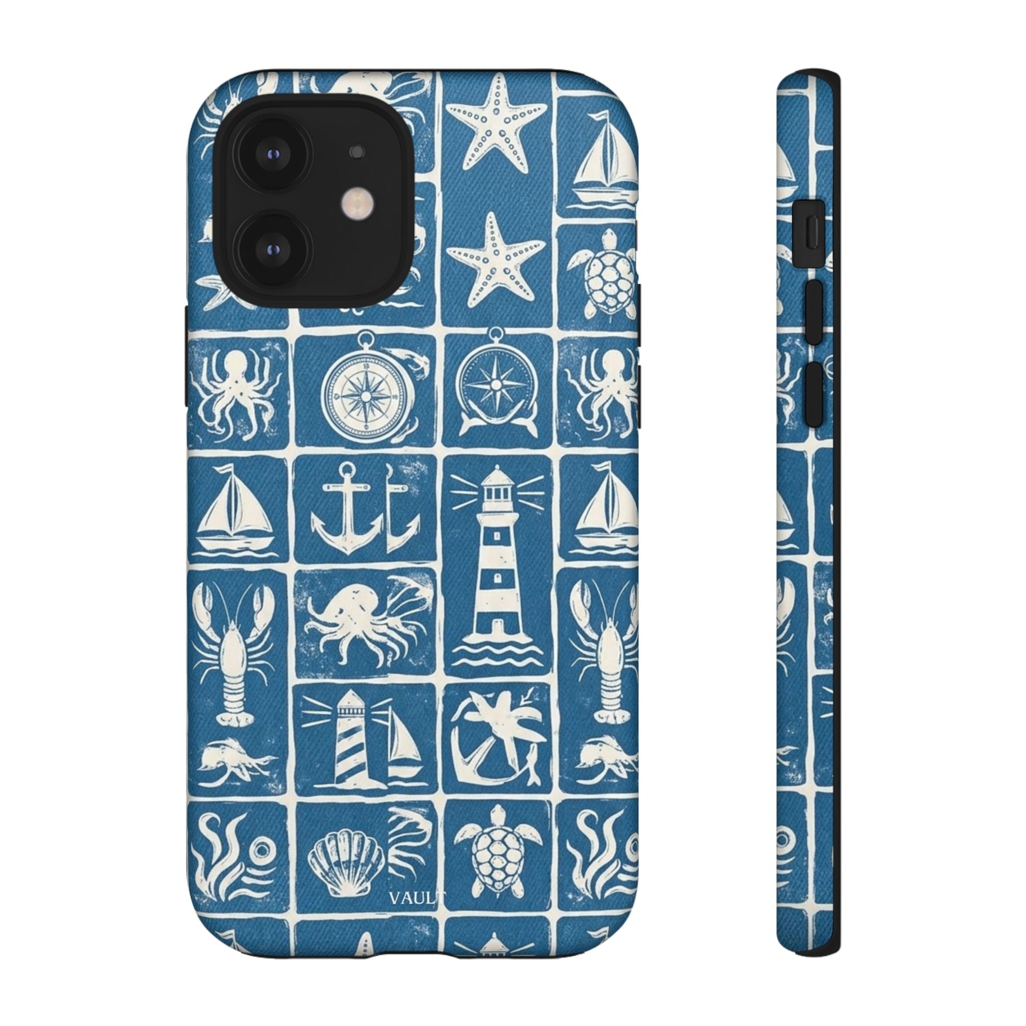 Nautical Tile Phone Case — Blue Coastal Icons (lighthouse, anchor, seashells)