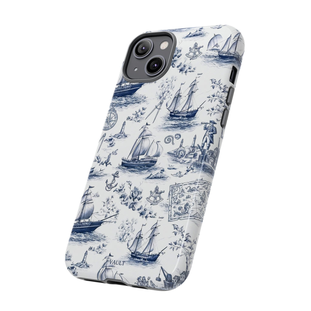 Nautical Vintage Ship Tough Phone Case — Blue Toile Sailboat Pattern