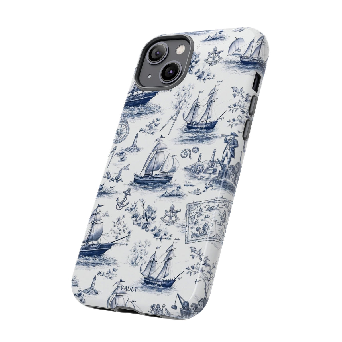 Nautical Vintage Ship Tough Phone Case — Blue Toile Sailboat Pattern