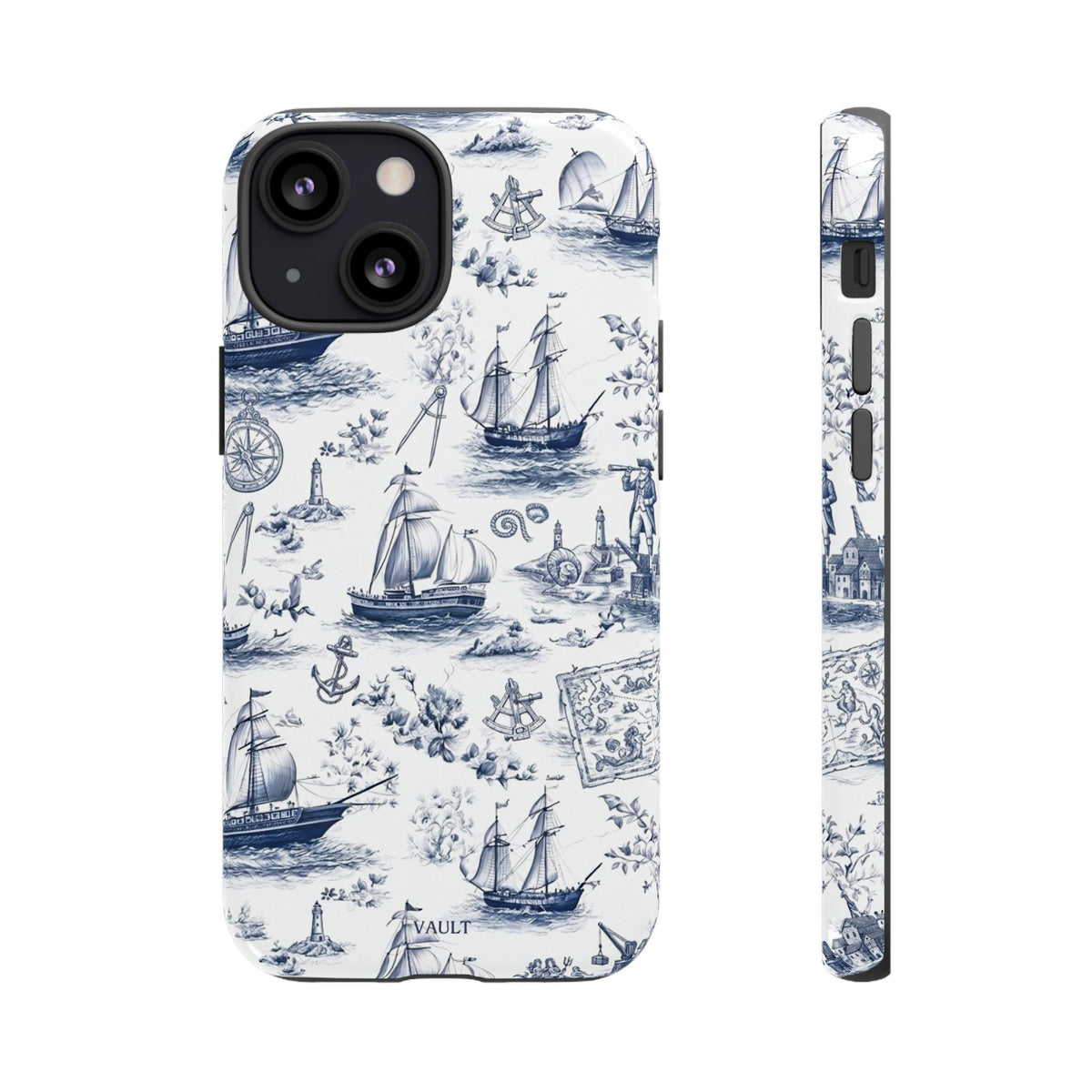 Nautical Vintage Ship Tough Phone Case — Blue Toile Sailboat Pattern