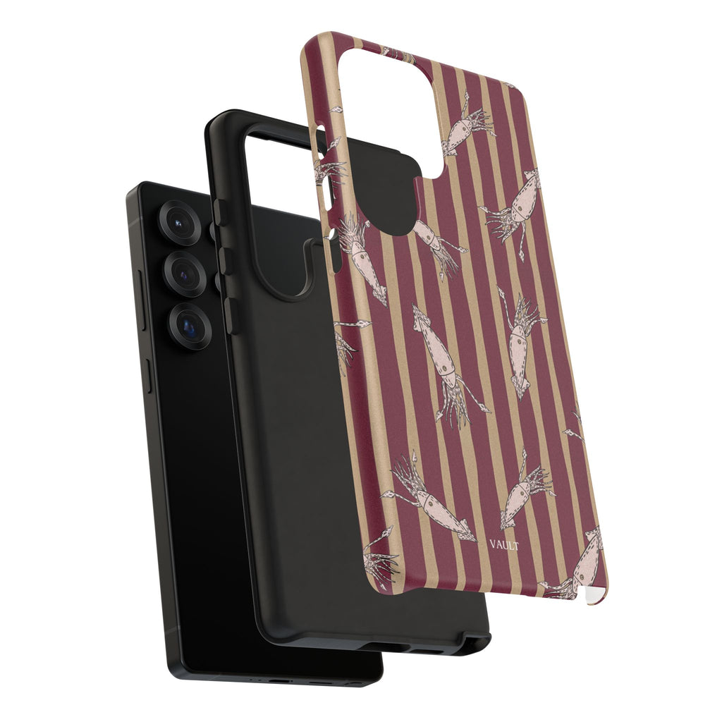 Phone Case - Vintage Shrimp Pattern on Burgundy Stripes