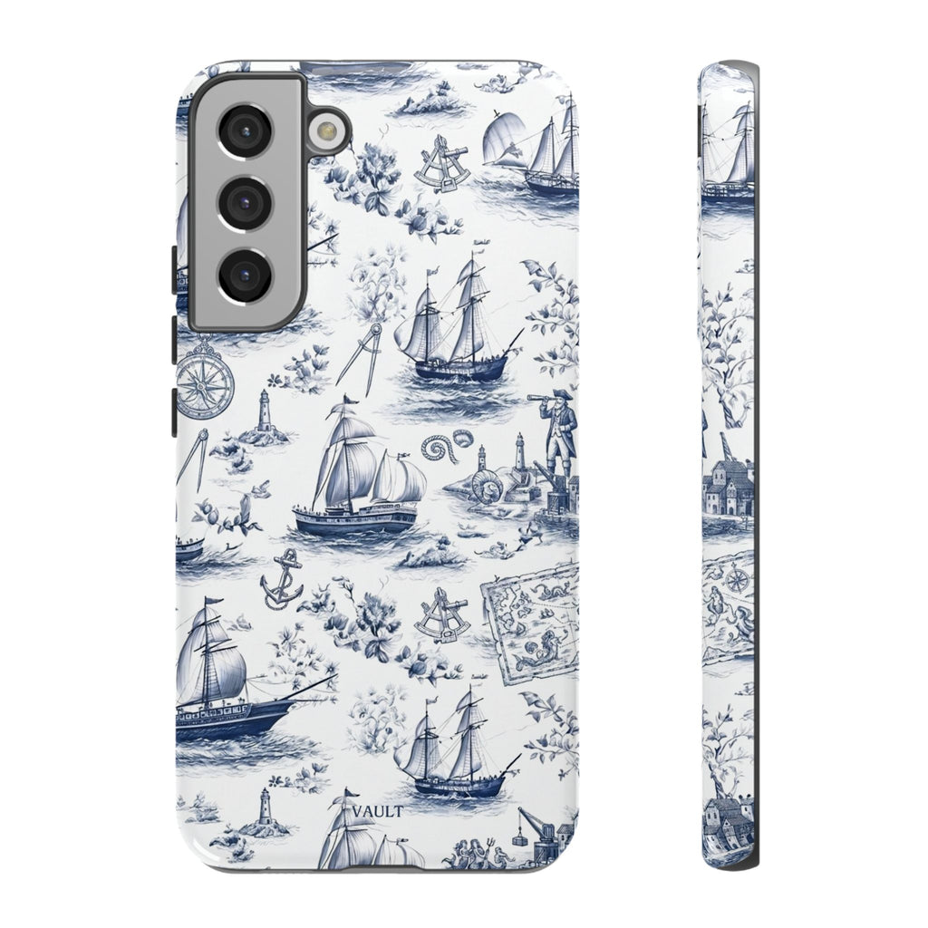 Nautical Vintage Ship Tough Phone Case — Blue Toile Sailboat Pattern