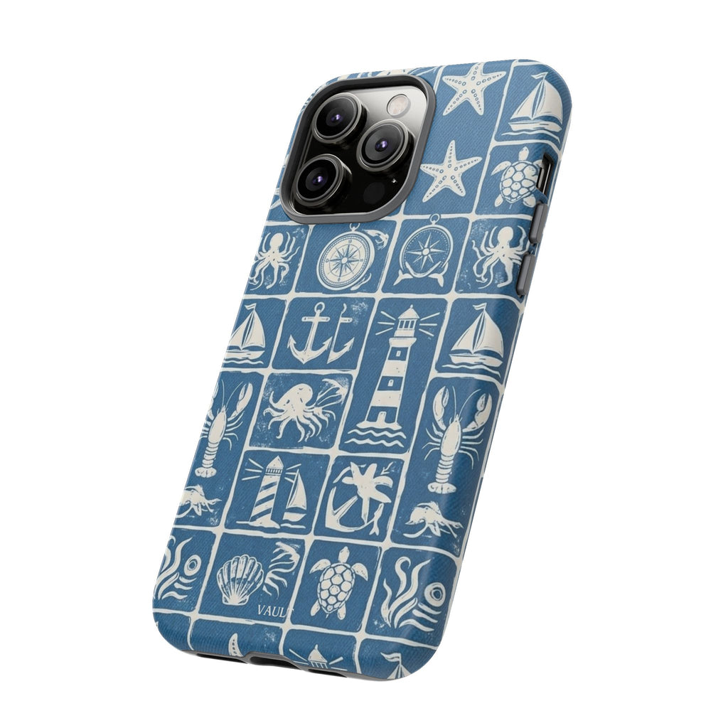 Nautical Tile Phone Case — Blue Coastal Icons (lighthouse, anchor, seashells)
