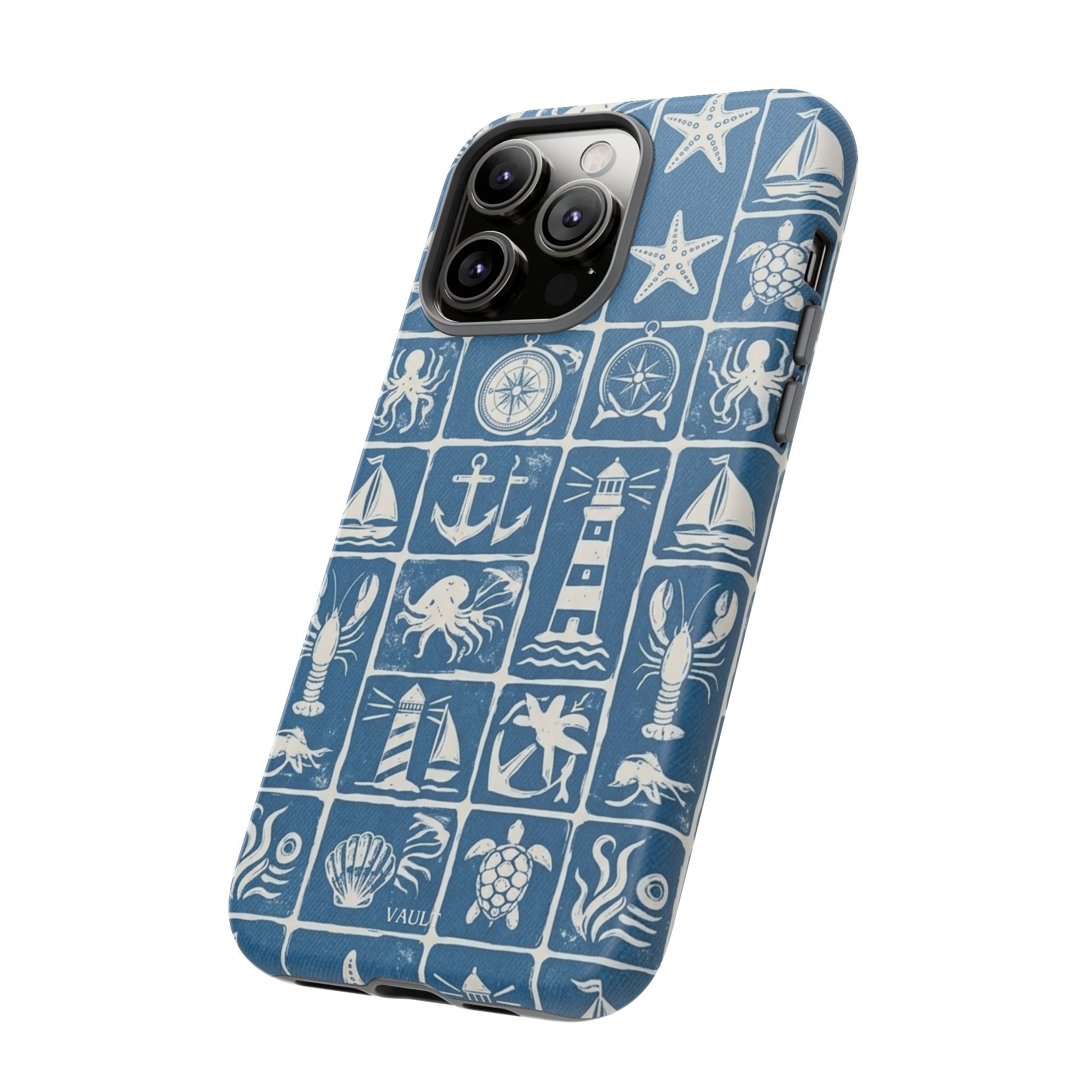 Nautical Tile Phone Case — Blue Coastal Icons (lighthouse, anchor, seashells)