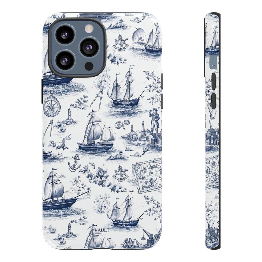 Nautical Vintage Ship Tough Phone Case — Blue Toile Sailboat Pattern