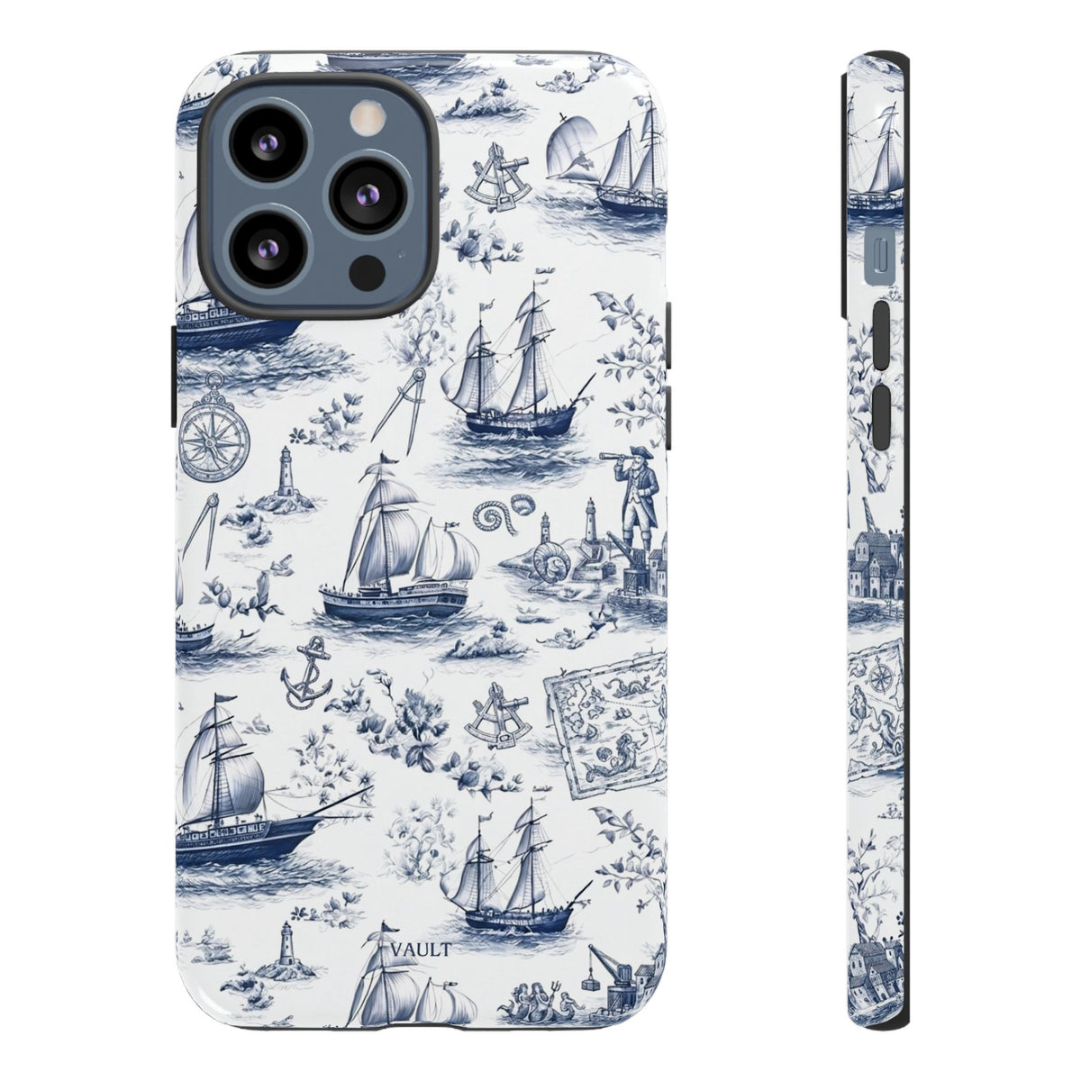 Nautical Vintage Ship Tough Phone Case — Blue Toile Sailboat Pattern