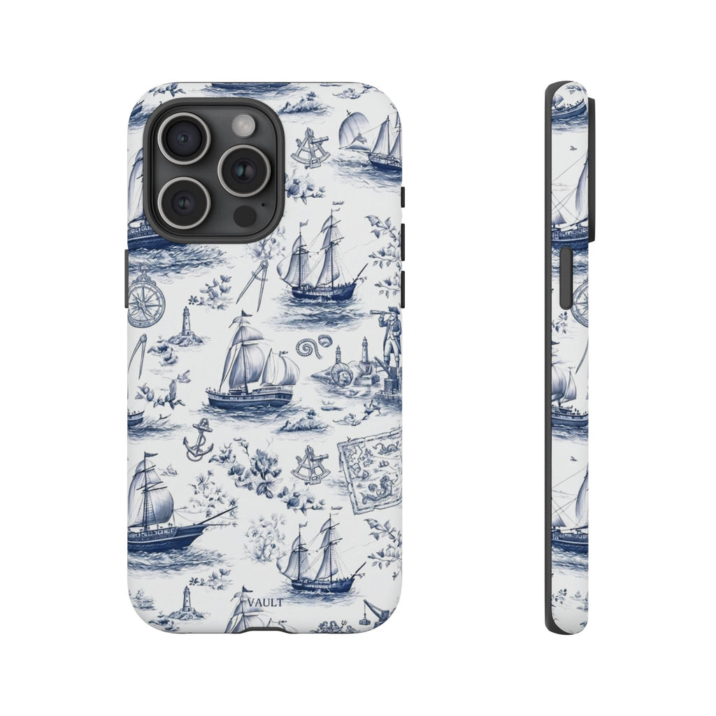 Nautical Vintage Ship Tough Phone Case — Blue Toile Sailboat Pattern