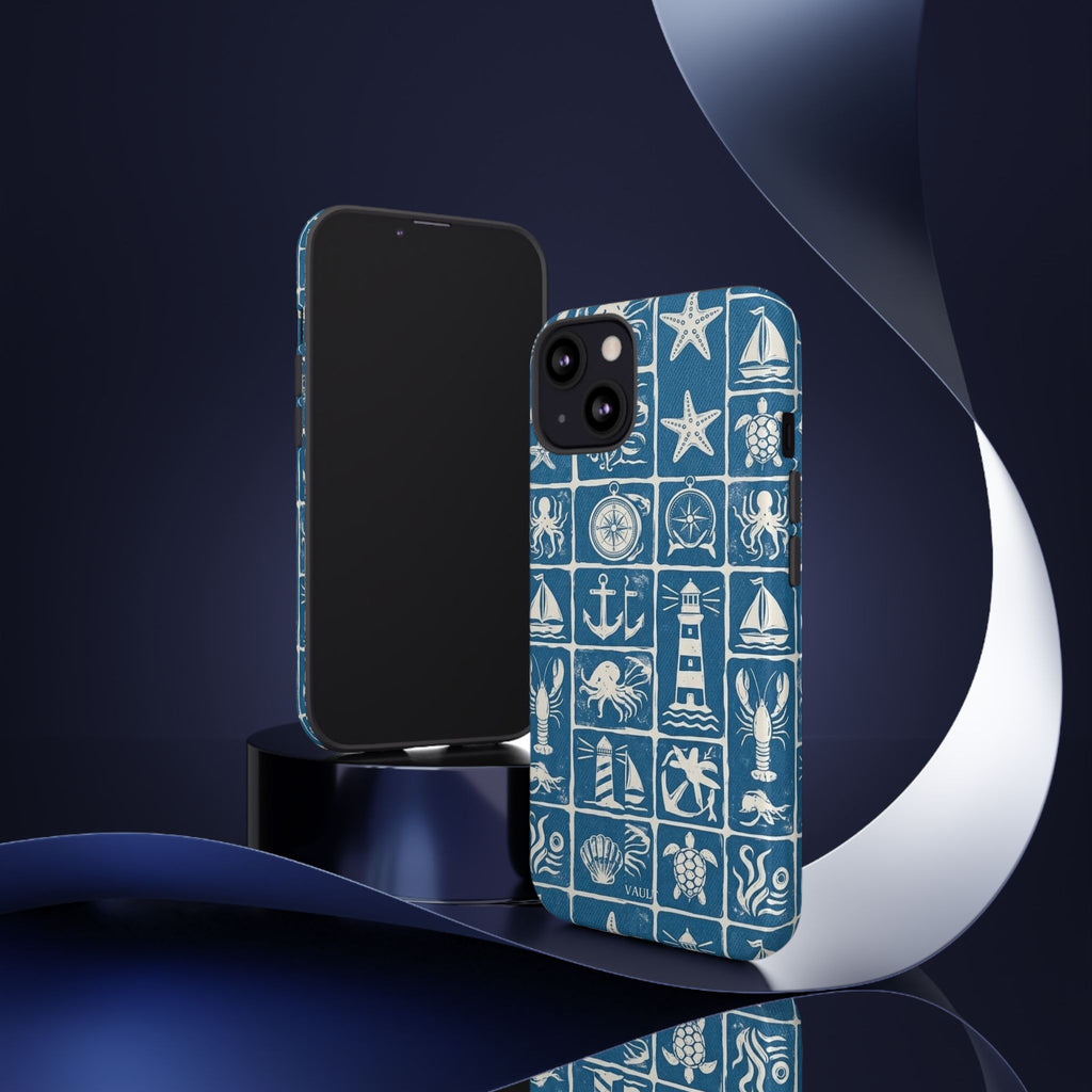 Nautical Tile Phone Case — Blue Coastal Icons (lighthouse, anchor, seashells)