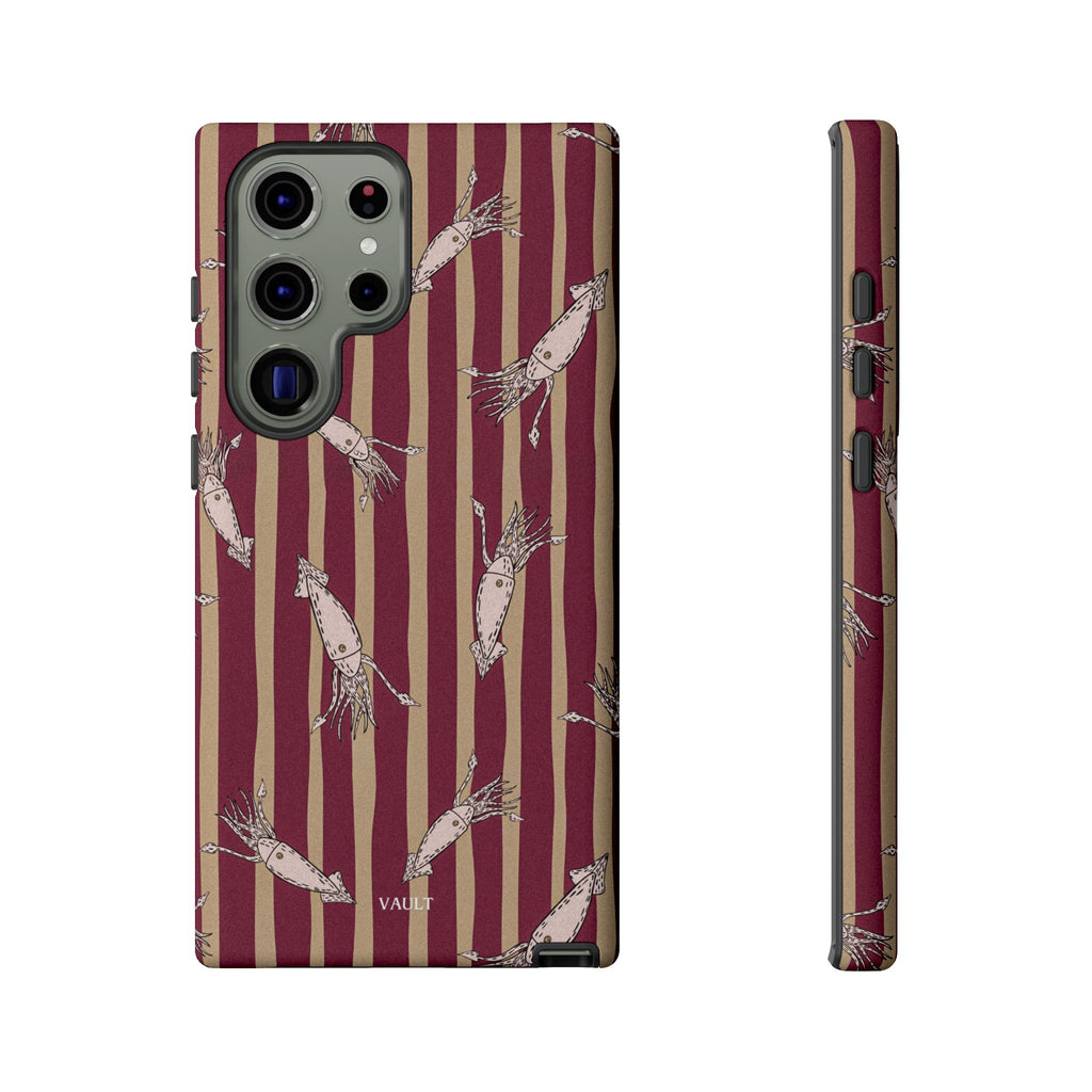 Phone Case - Vintage Shrimp Pattern on Burgundy Stripes