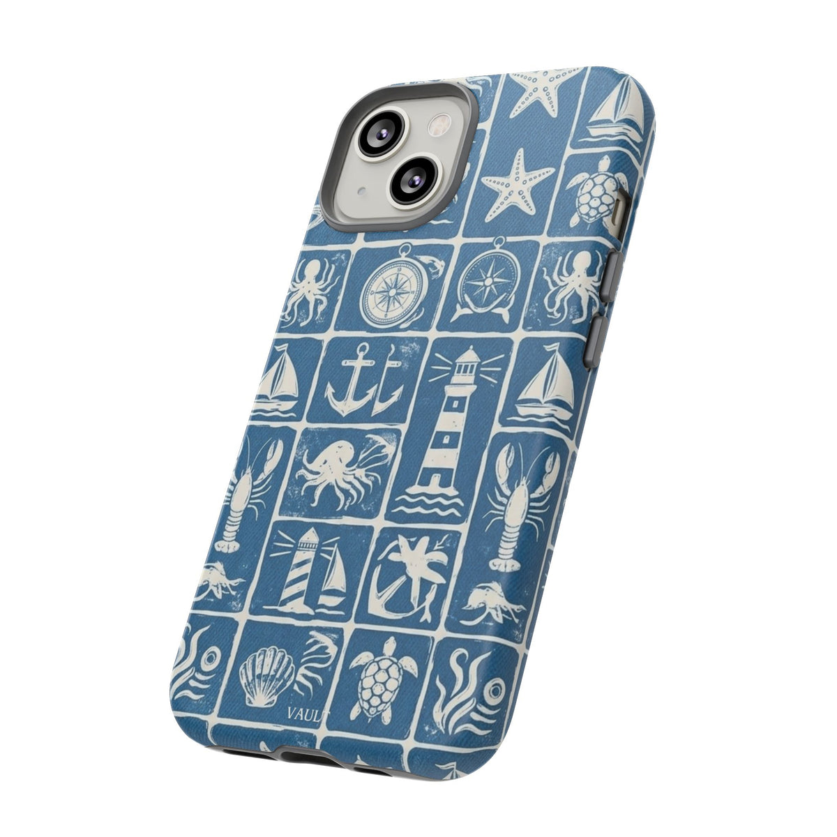 Nautical Tile Phone Case — Blue Coastal Icons (lighthouse, anchor, seashells)