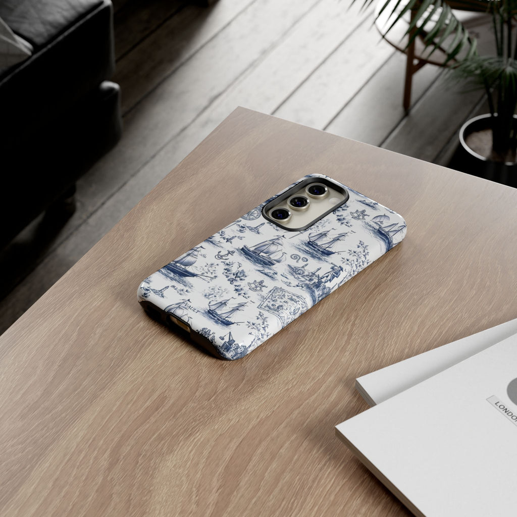 Nautical Vintage Ship Tough Phone Case — Blue Toile Sailboat Pattern