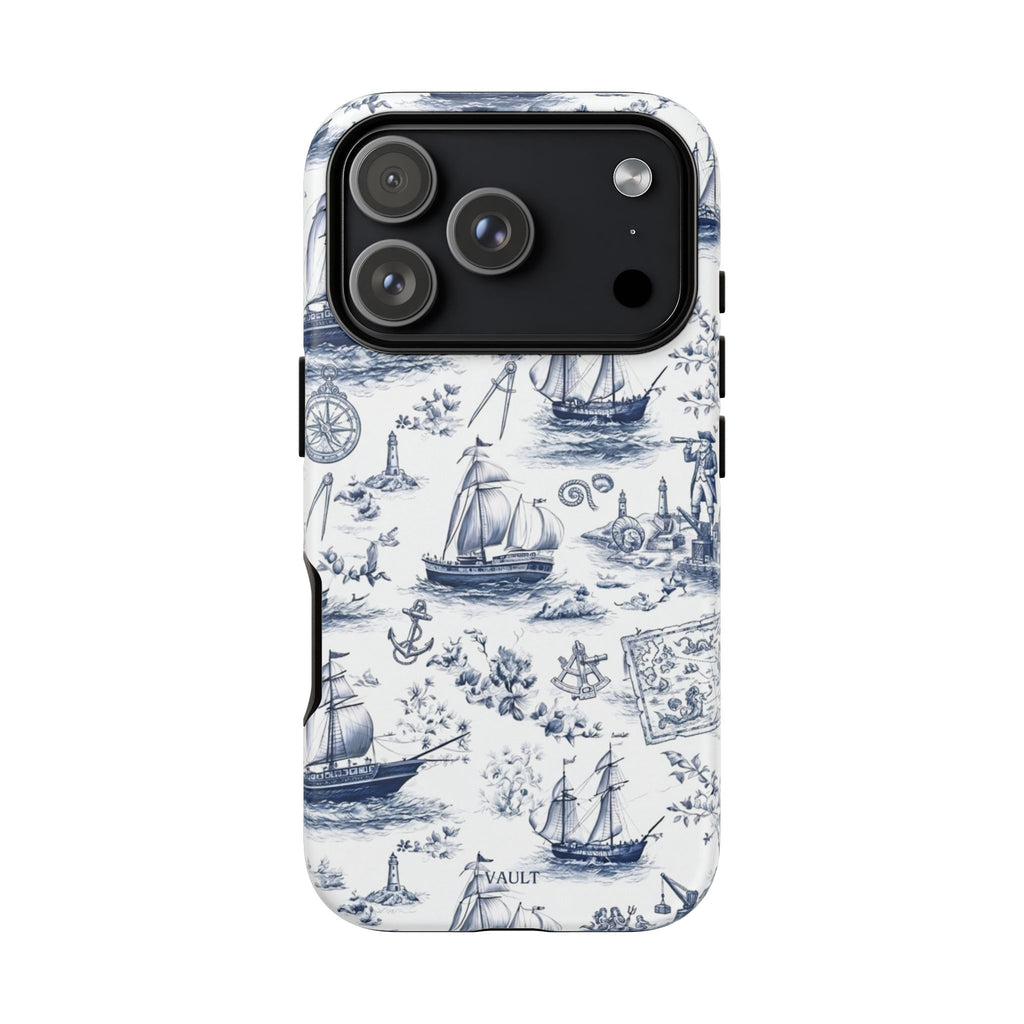 Nautical Vintage Ship Tough Phone Case — Blue Toile Sailboat Pattern
