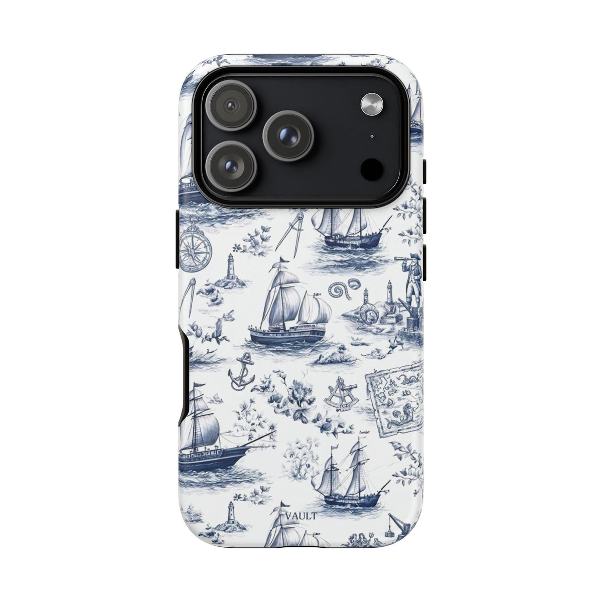 Nautical Vintage Ship Tough Phone Case — Blue Toile Sailboat Pattern