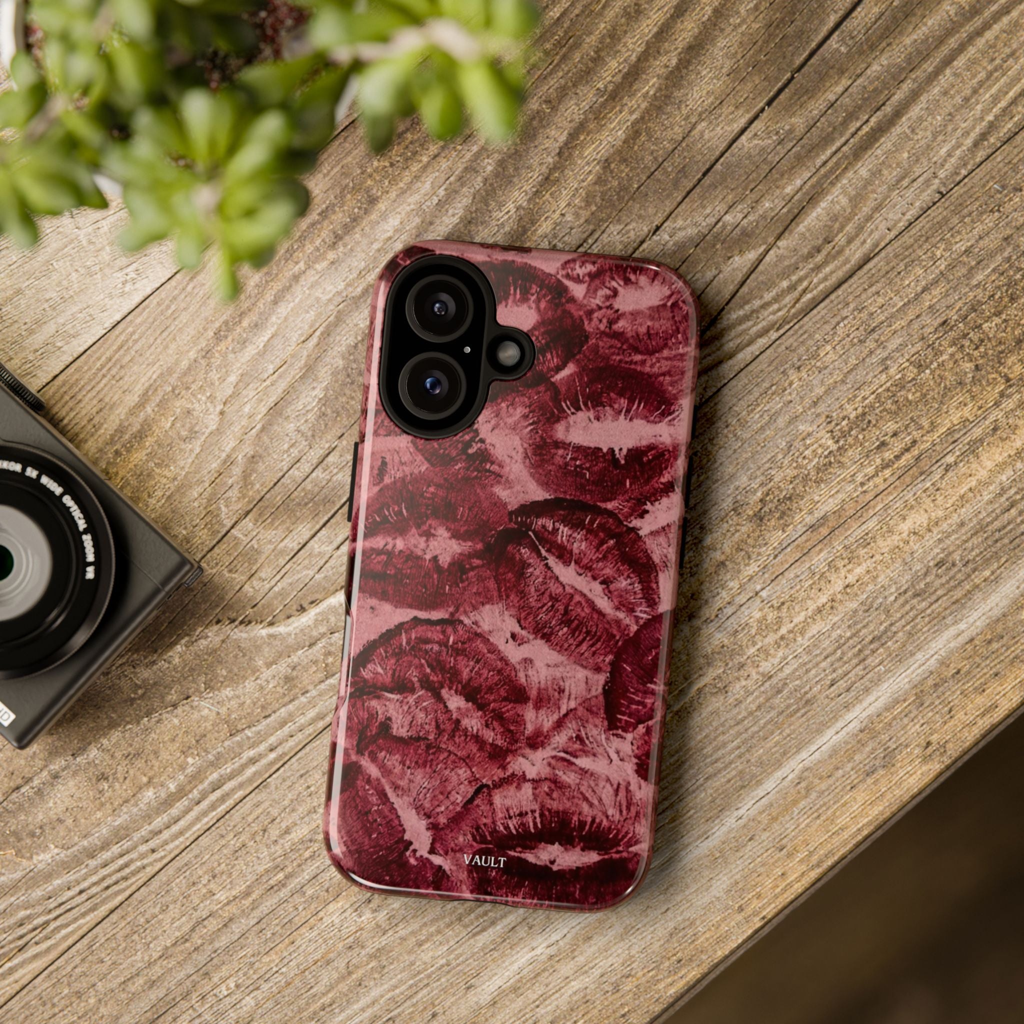 Kiss Print Phone Case – Burgundy Lip Pattern Protective Phone Cover