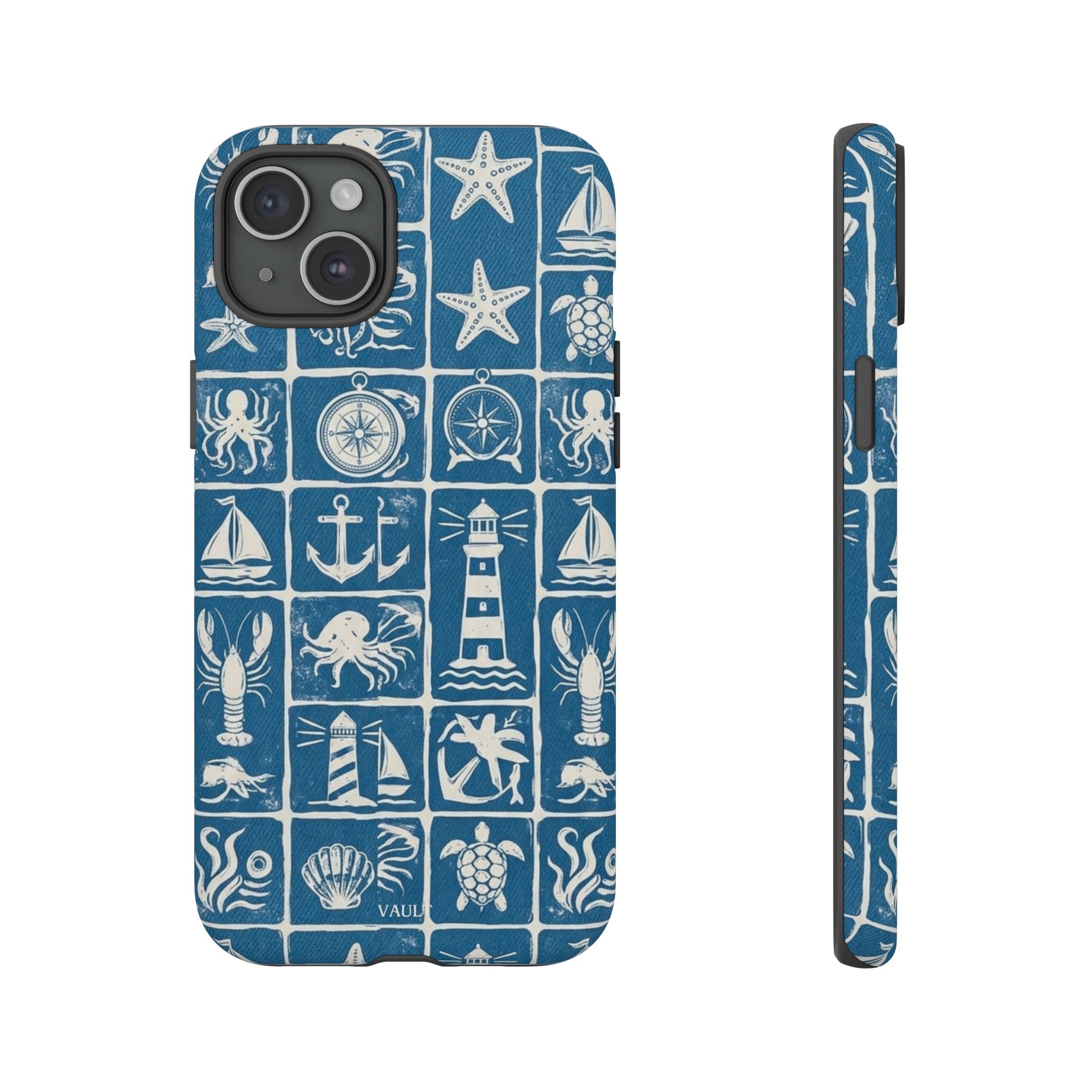 Nautical Tile Phone Case — Blue Coastal Icons (lighthouse, anchor, seashells)