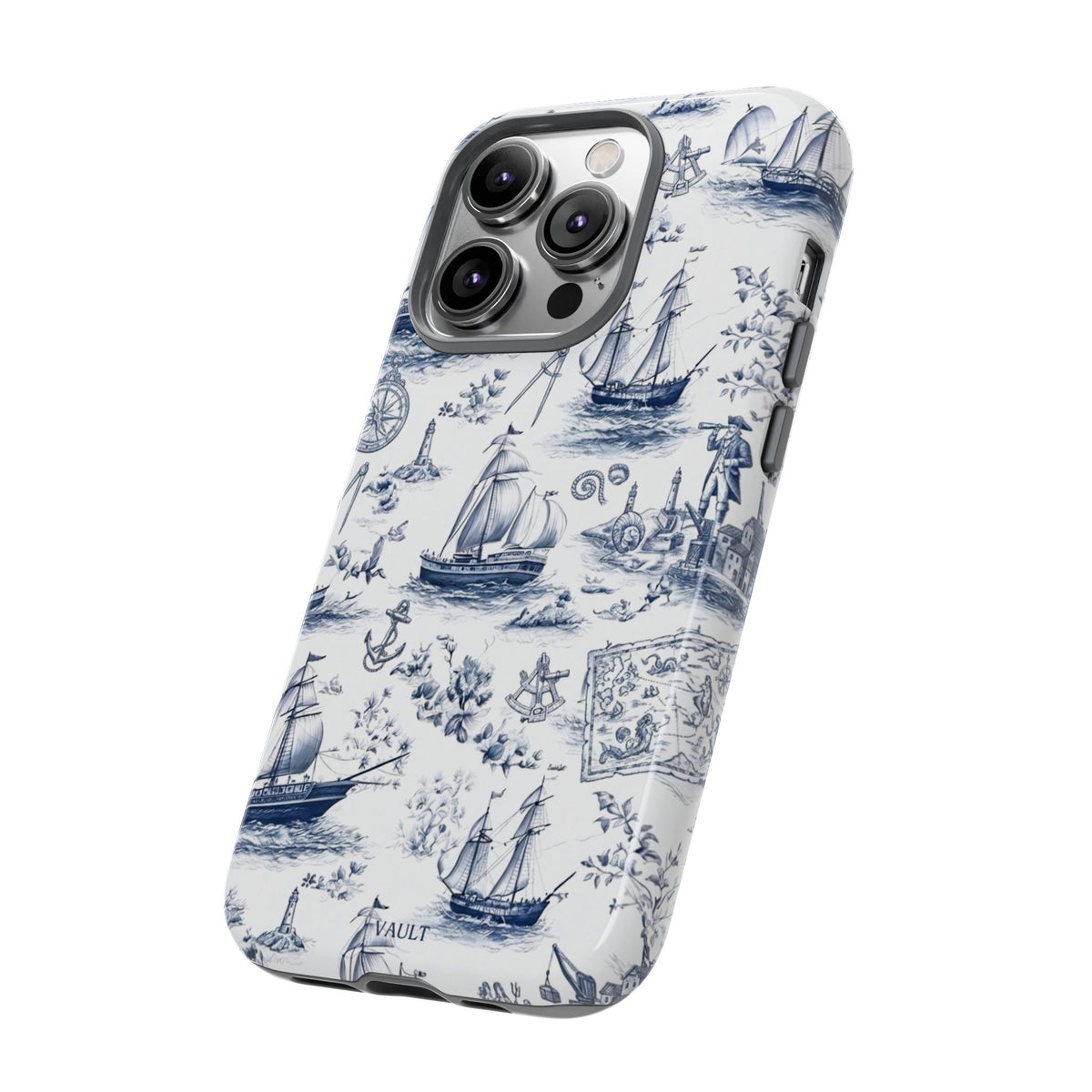Nautical Vintage Ship Tough Phone Case — Blue Toile Sailboat Pattern