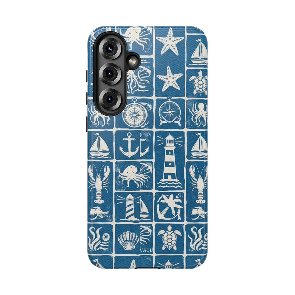 Nautical Tile Phone Case — Blue Coastal Icons (lighthouse, anchor, seashells)