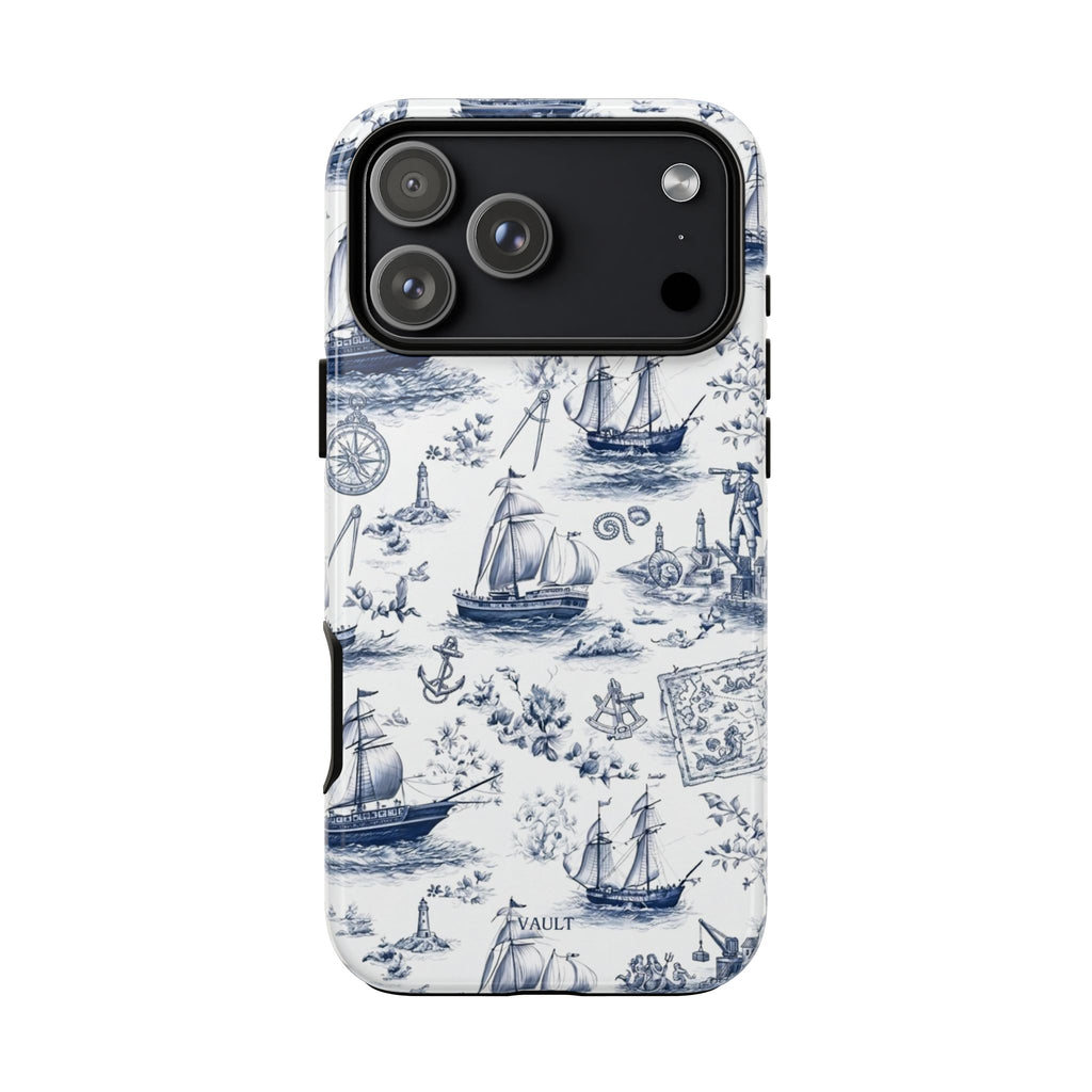 Nautical Vintage Ship Tough Phone Case — Blue Toile Sailboat Pattern