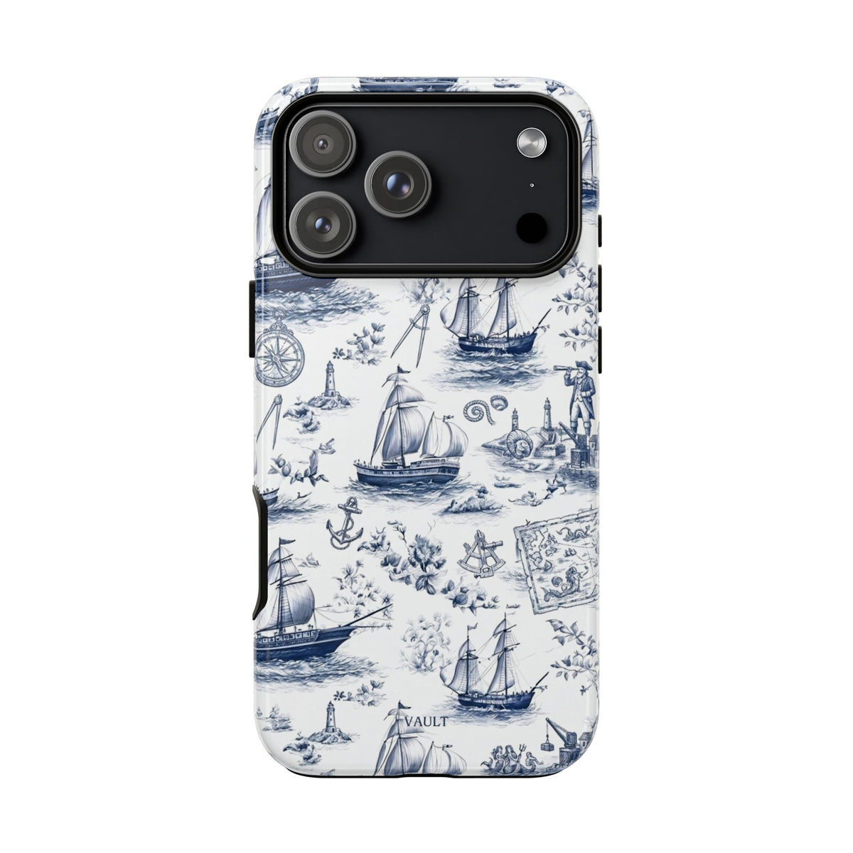Nautical Vintage Ship Tough Phone Case — Blue Toile Sailboat Pattern