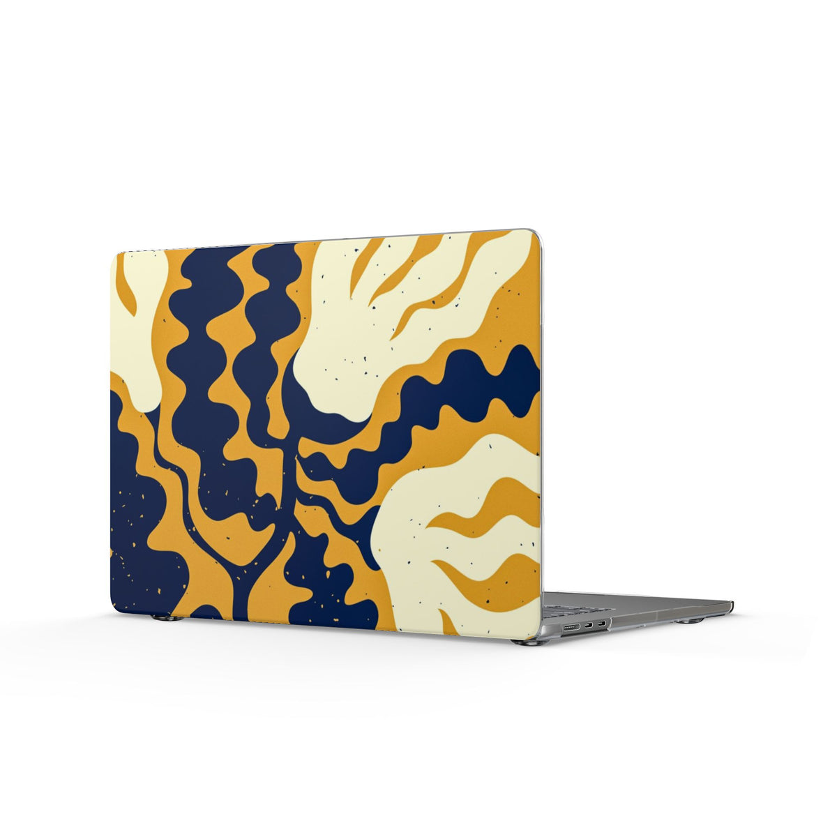 Abstract Wave Clear MacBook Case — Navy & Mustard Retro Design