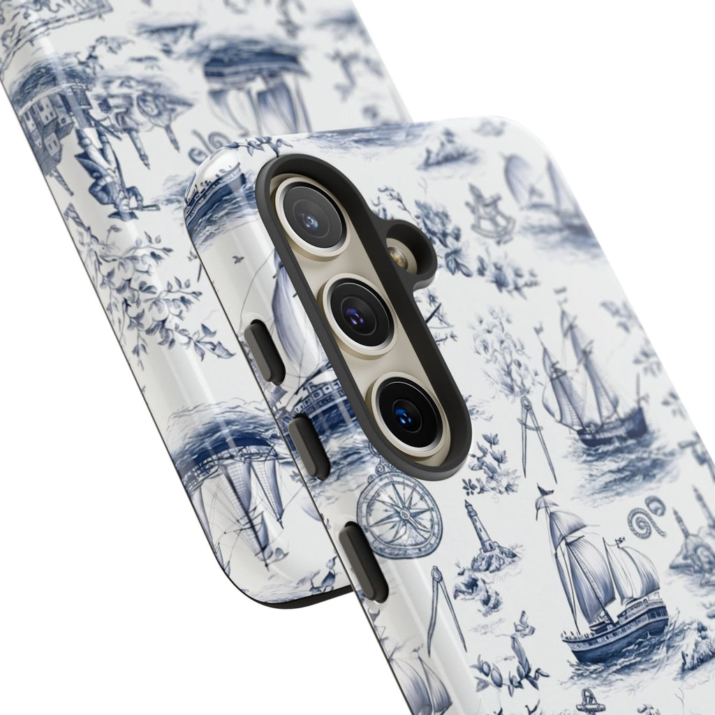 Nautical Vintage Ship Tough Phone Case — Blue Toile Sailboat Pattern