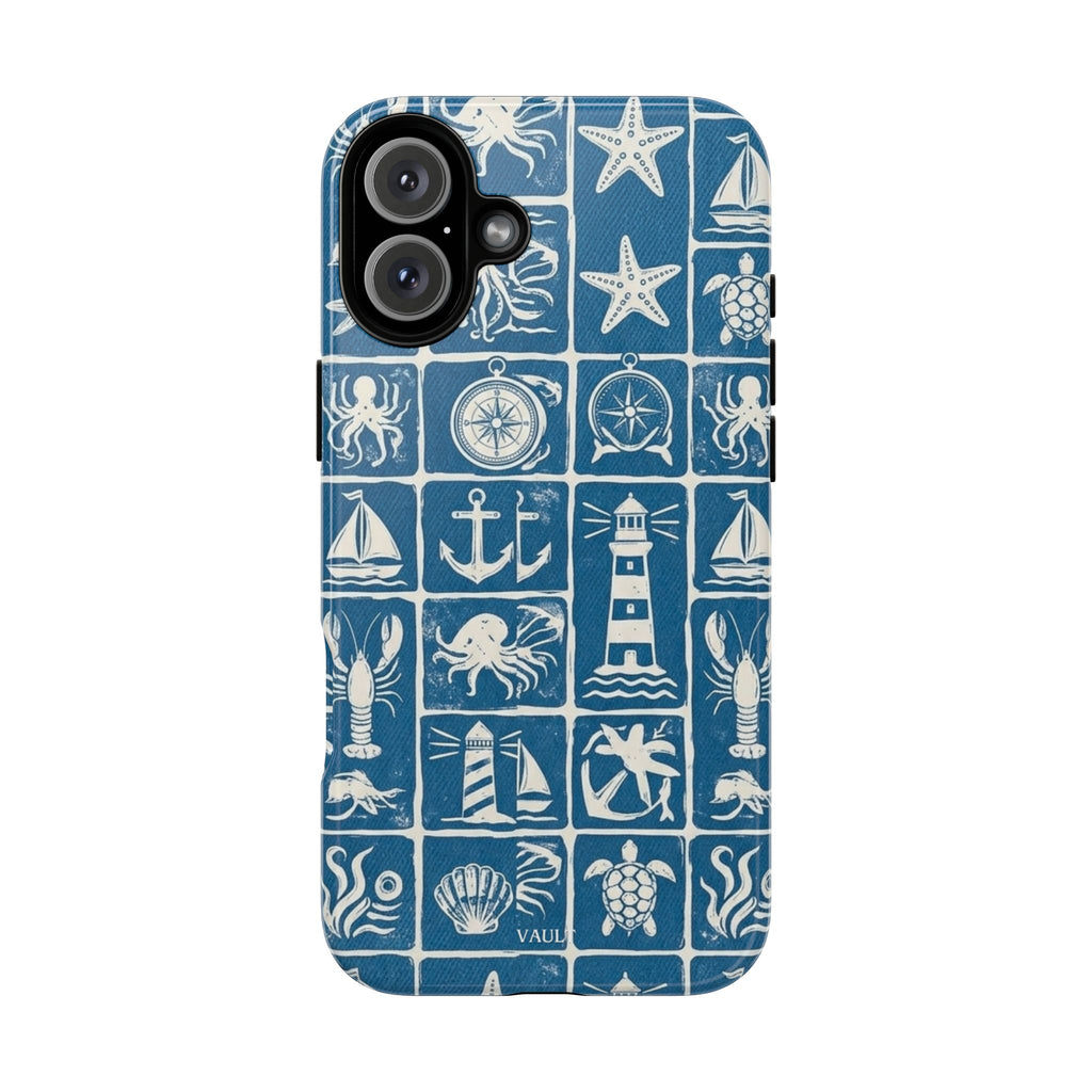 Nautical Tile Phone Case — Blue Coastal Icons (lighthouse, anchor, seashells)