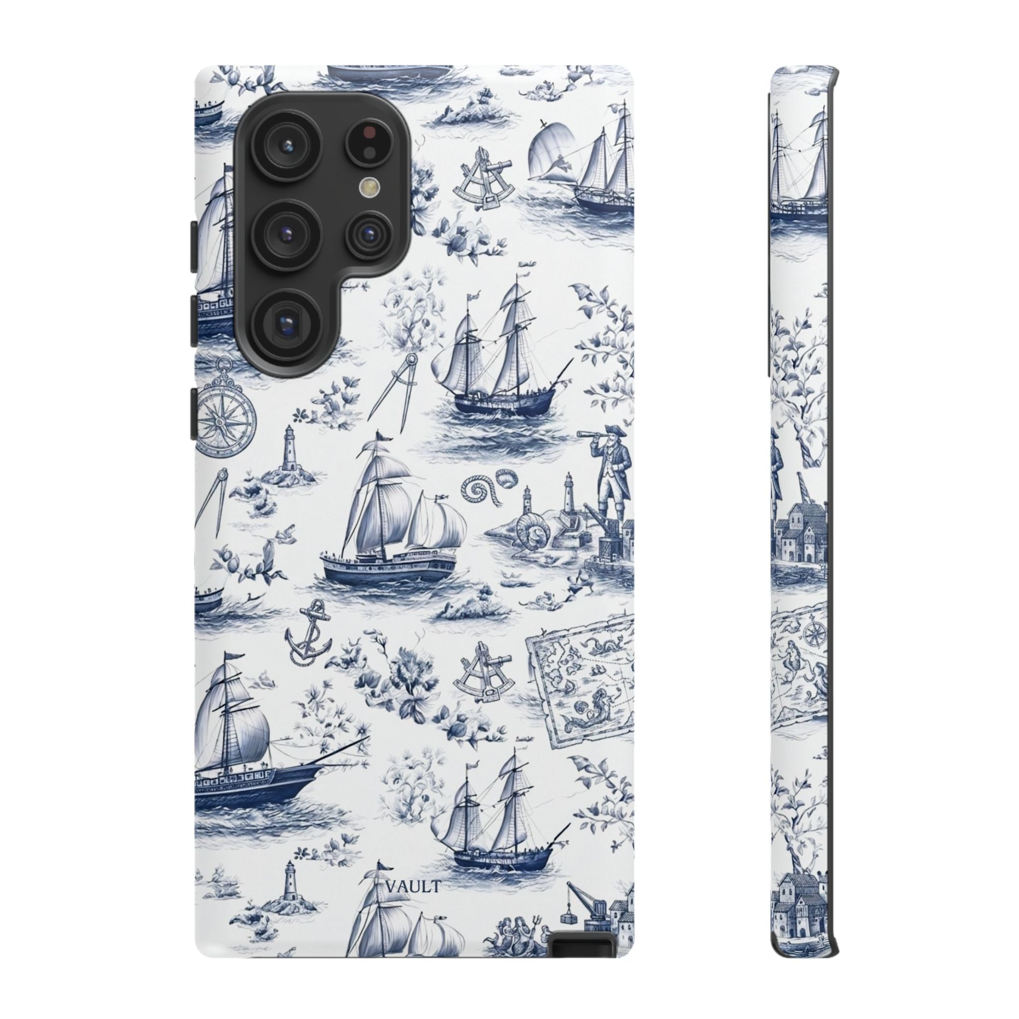Nautical Vintage Ship Tough Phone Case — Blue Toile Sailboat Pattern