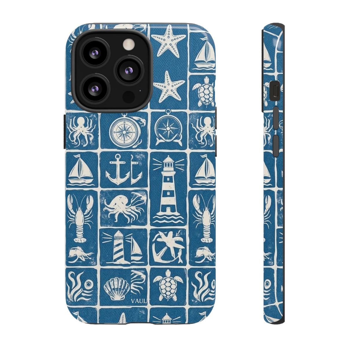 Nautical Tile Phone Case — Blue Coastal Icons (lighthouse, anchor, seashells)