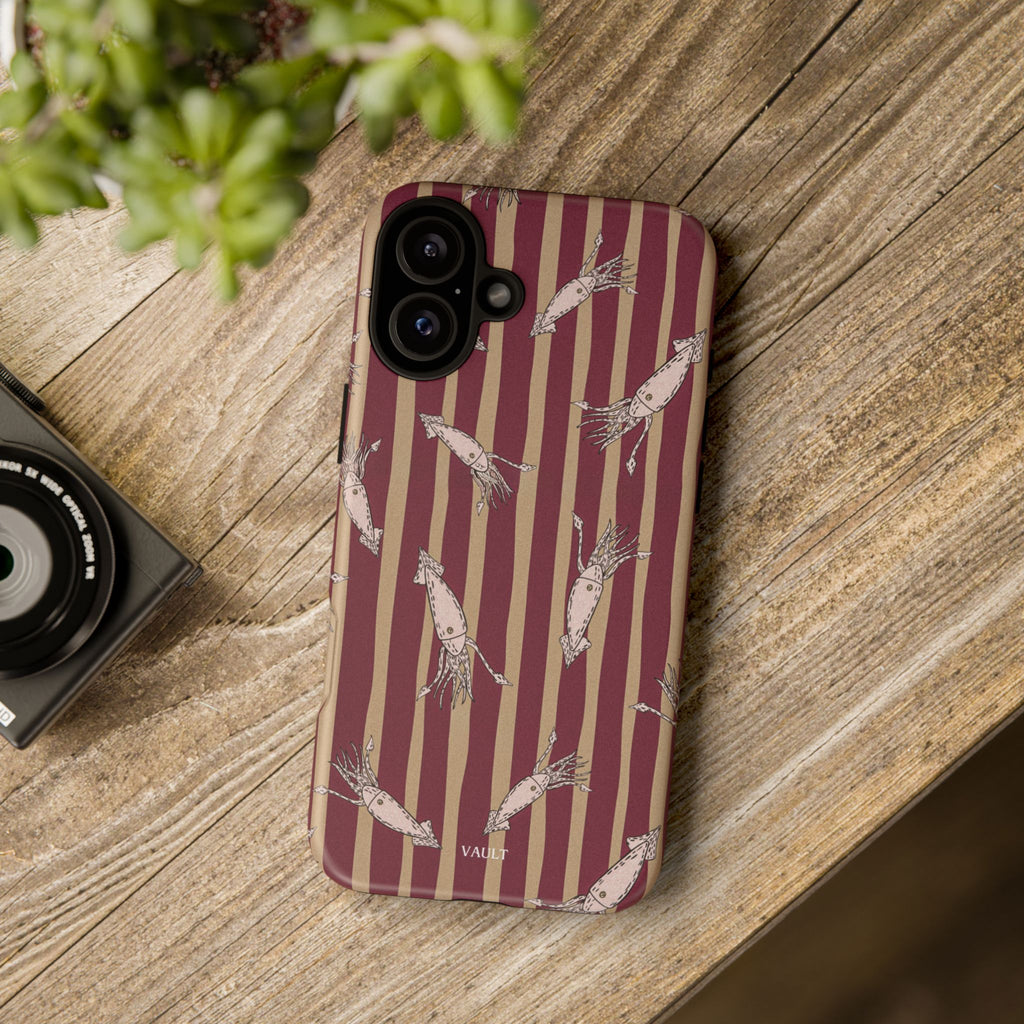 Phone Case - Vintage Shrimp Pattern on Burgundy Stripes