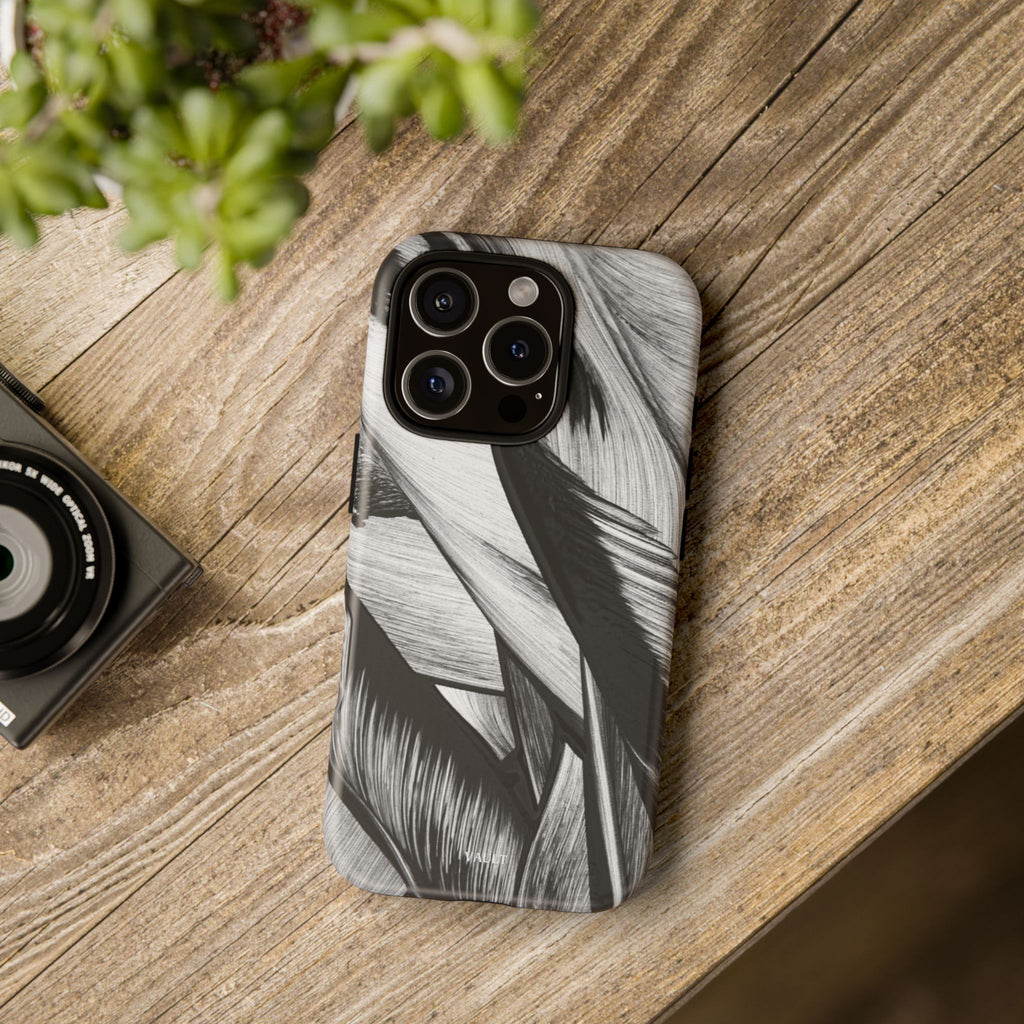Monochrome Tropical Leaf Tough Phone Case — Black & White Botanical Protective Cover