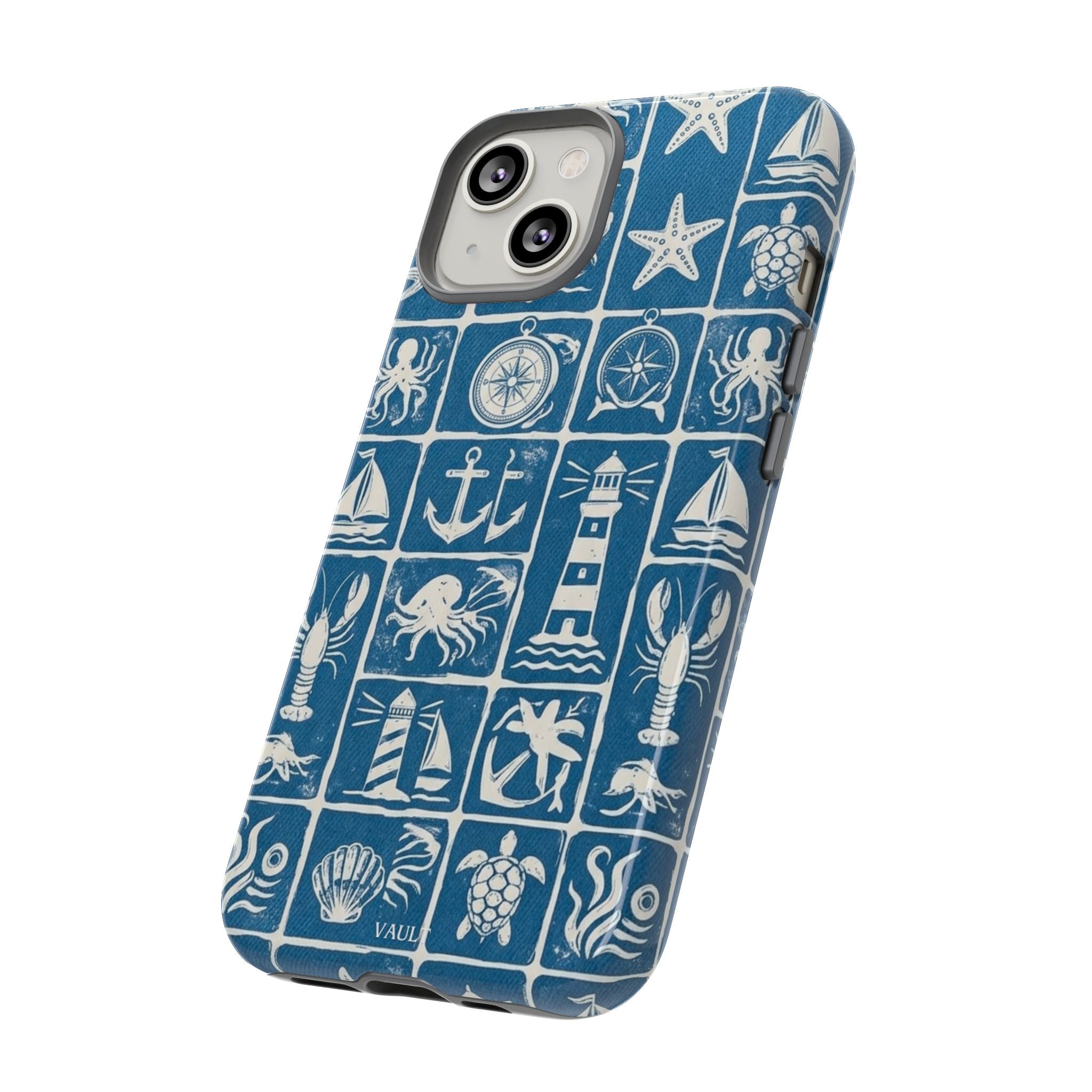 Nautical Tile Phone Case — Blue Coastal Icons (lighthouse, anchor, seashells)