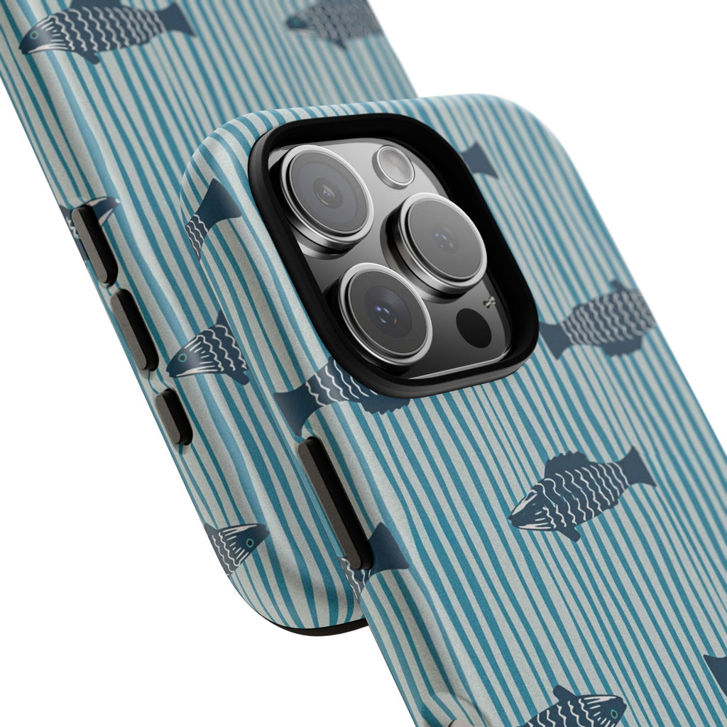 Fish Pattern Tough Phone Case — Blue Striped Ocean Design