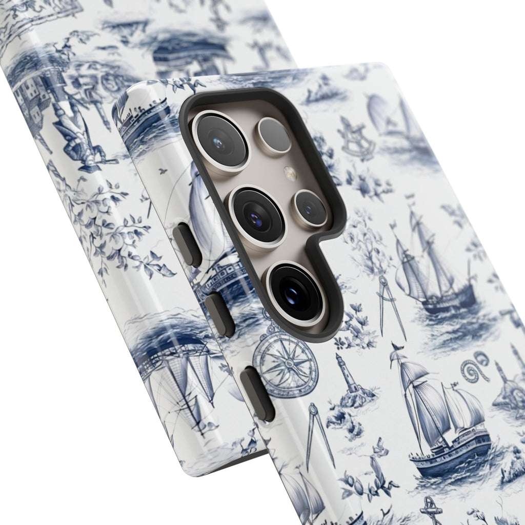 Nautical Vintage Ship Tough Phone Case — Blue Toile Sailboat Pattern
