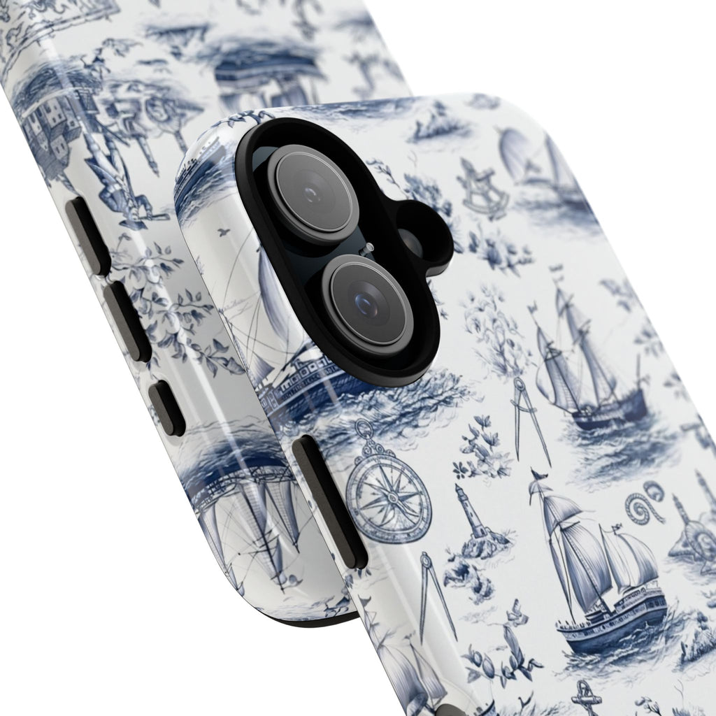 Nautical Vintage Ship Tough Phone Case — Blue Toile Sailboat Pattern