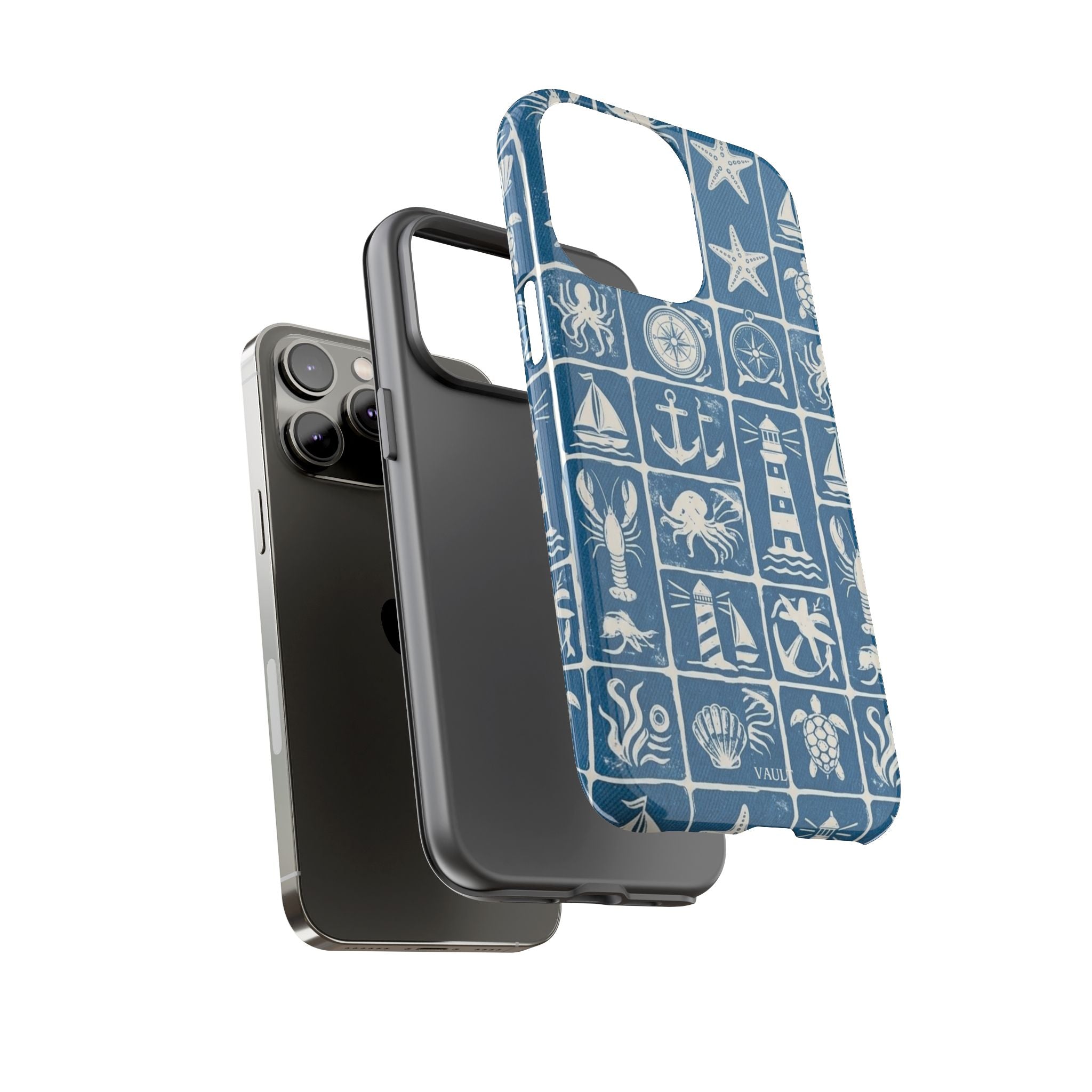 Nautical Tile Phone Case — Blue Coastal Icons (lighthouse, anchor, seashells)