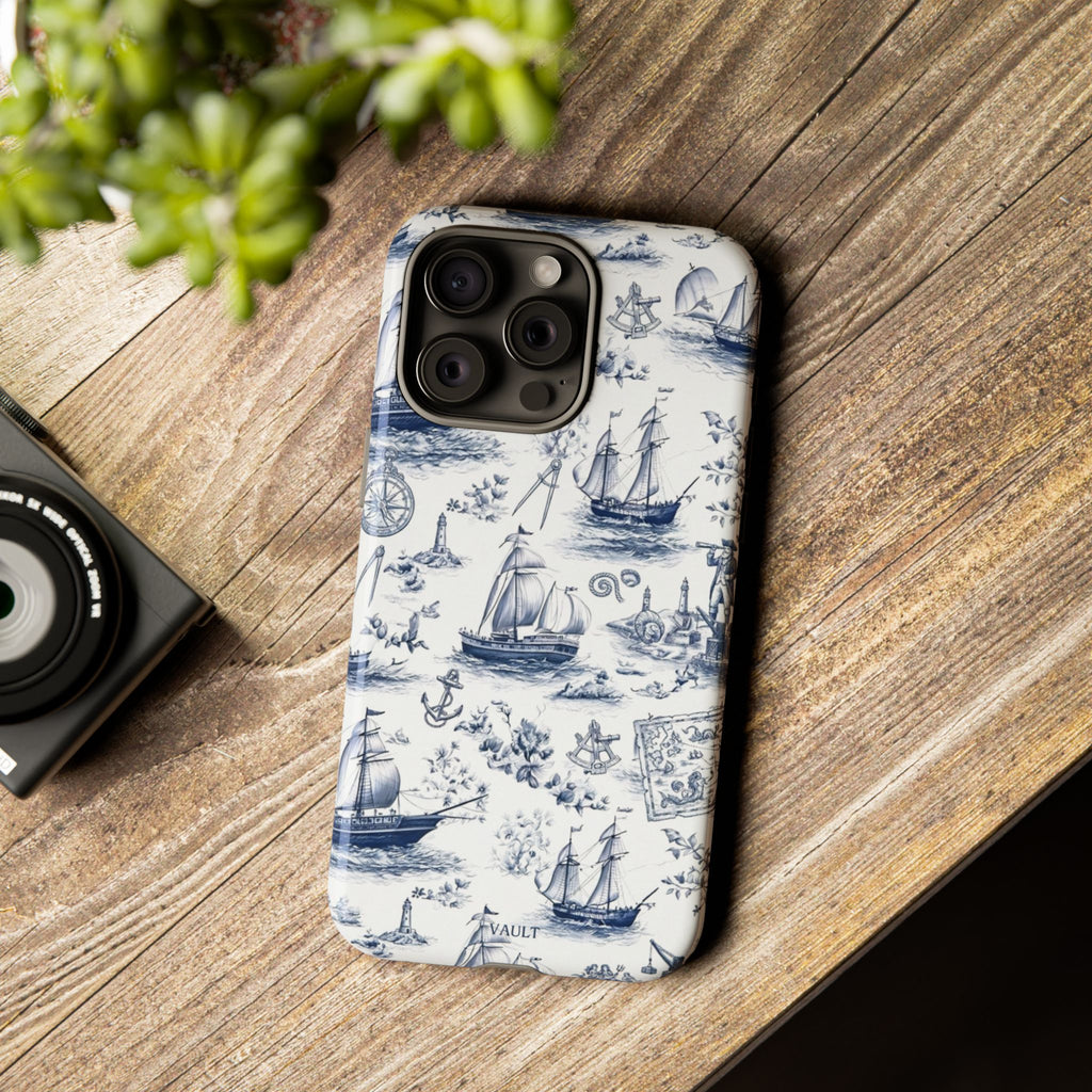 Nautical Vintage Ship Tough Phone Case — Blue Toile Sailboat Pattern