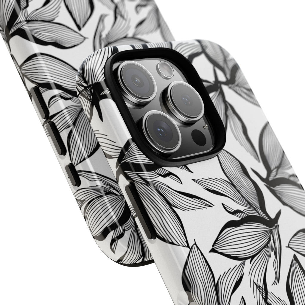 Floral Leaves Tough Phone Case – Black & White Botanical Protection